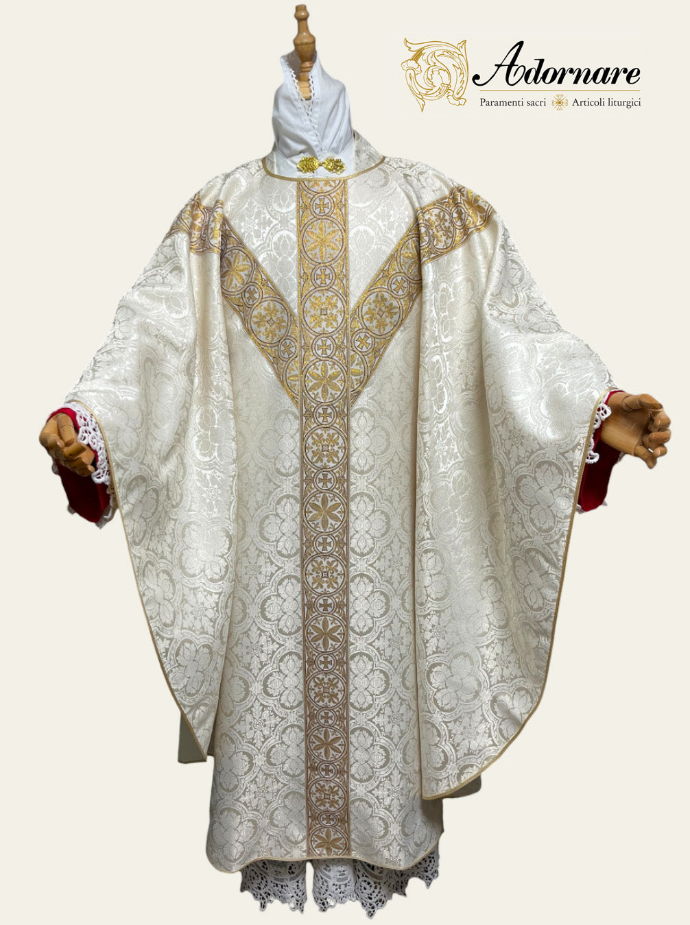 Polyester cross damask gothic chasuble with woven Y-orphrey bands / Casula gotica damasco poliestere