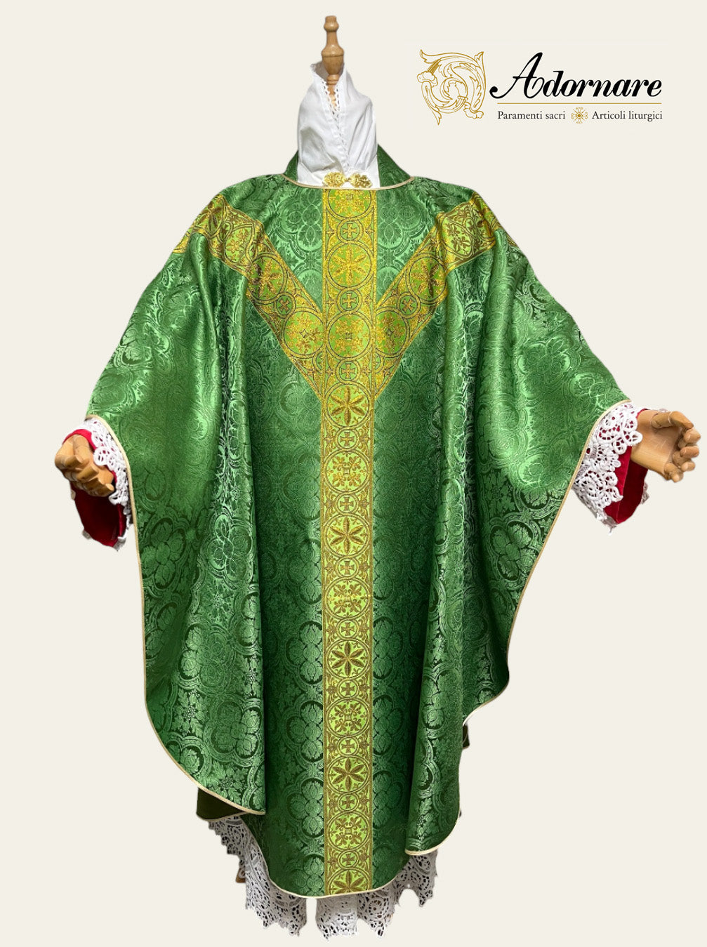 Polyester cross damask gothic chasuble with woven Y-orphrey bands / Casula gotica damasco poliestere