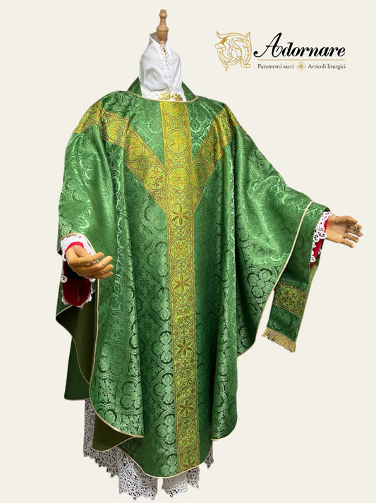 Polyester cross damask gothic chasuble with woven Y-orphrey bands / Casula gotica damasco poliestere