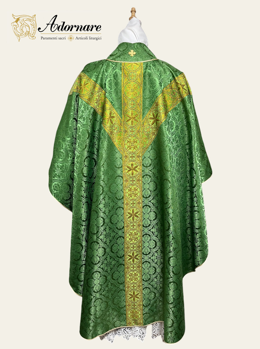 Polyester cross damask gothic chasuble with woven Y-orphrey bands / Casula gotica damasco poliestere