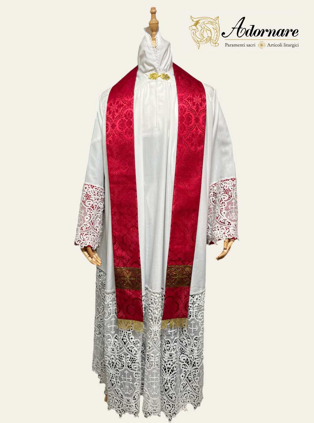 Polyester cross damask gothic chasuble with woven Y-orphrey bands / Casula gotica damasco poliestere