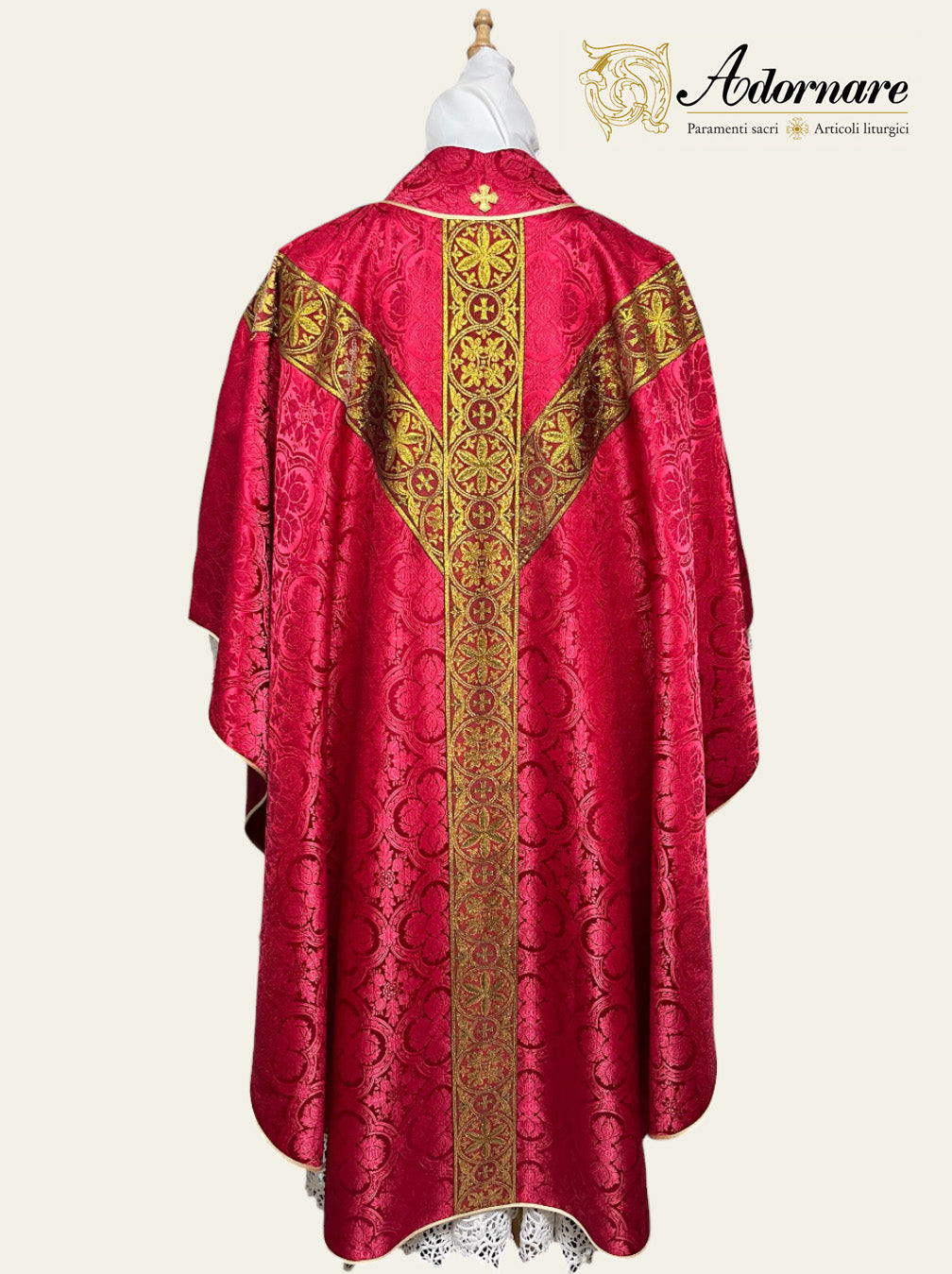 Polyester cross damask gothic chasuble with woven Y-orphrey bands / Casula gotica damasco poliestere