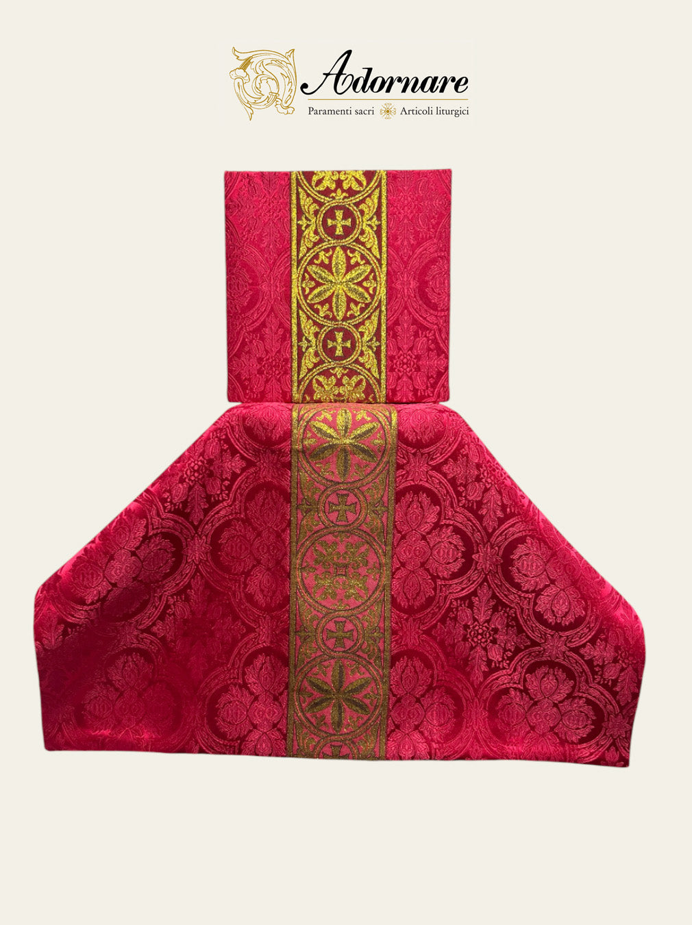 Polyester cross damask gothic chasuble with woven Y-orphrey bands / Casula gotica damasco poliestere