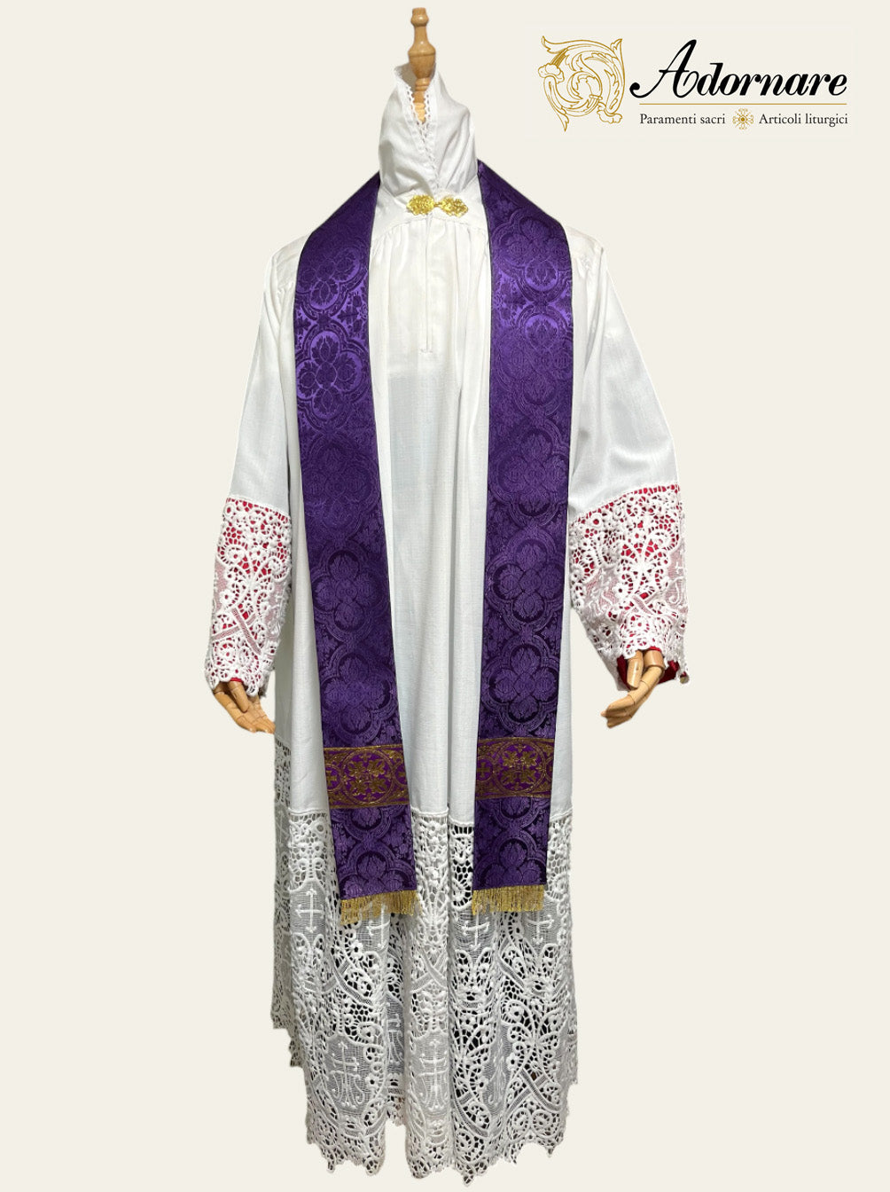 Polyester cross damask gothic chasuble with woven Y-orphrey bands / Casula gotica damasco poliestere