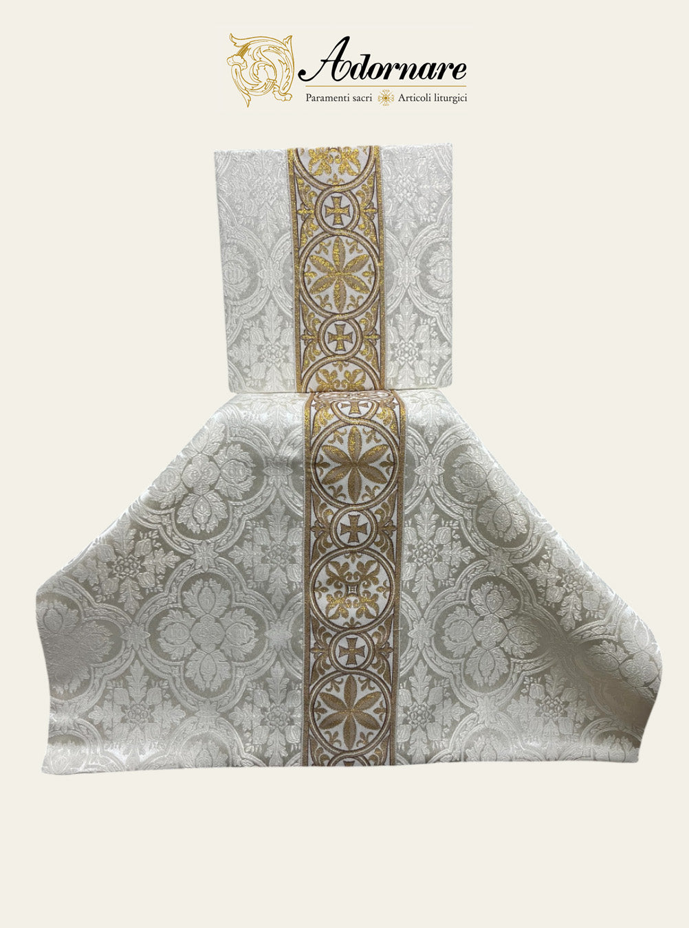 Polyester cross damask gothic chasuble with woven Y-orphrey bands / Casula gotica damasco poliestere