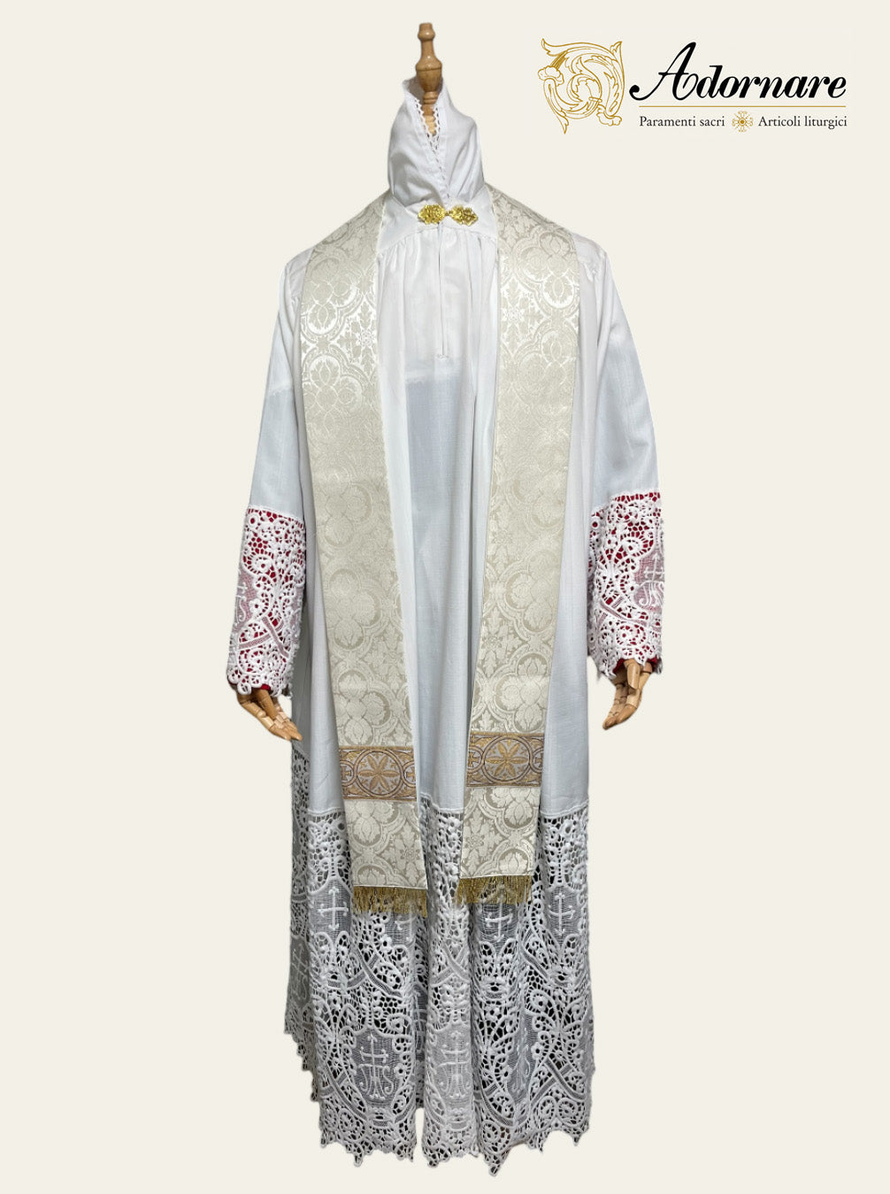 Polyester cross damask gothic chasuble with woven Y-orphrey bands / Casula gotica damasco poliestere