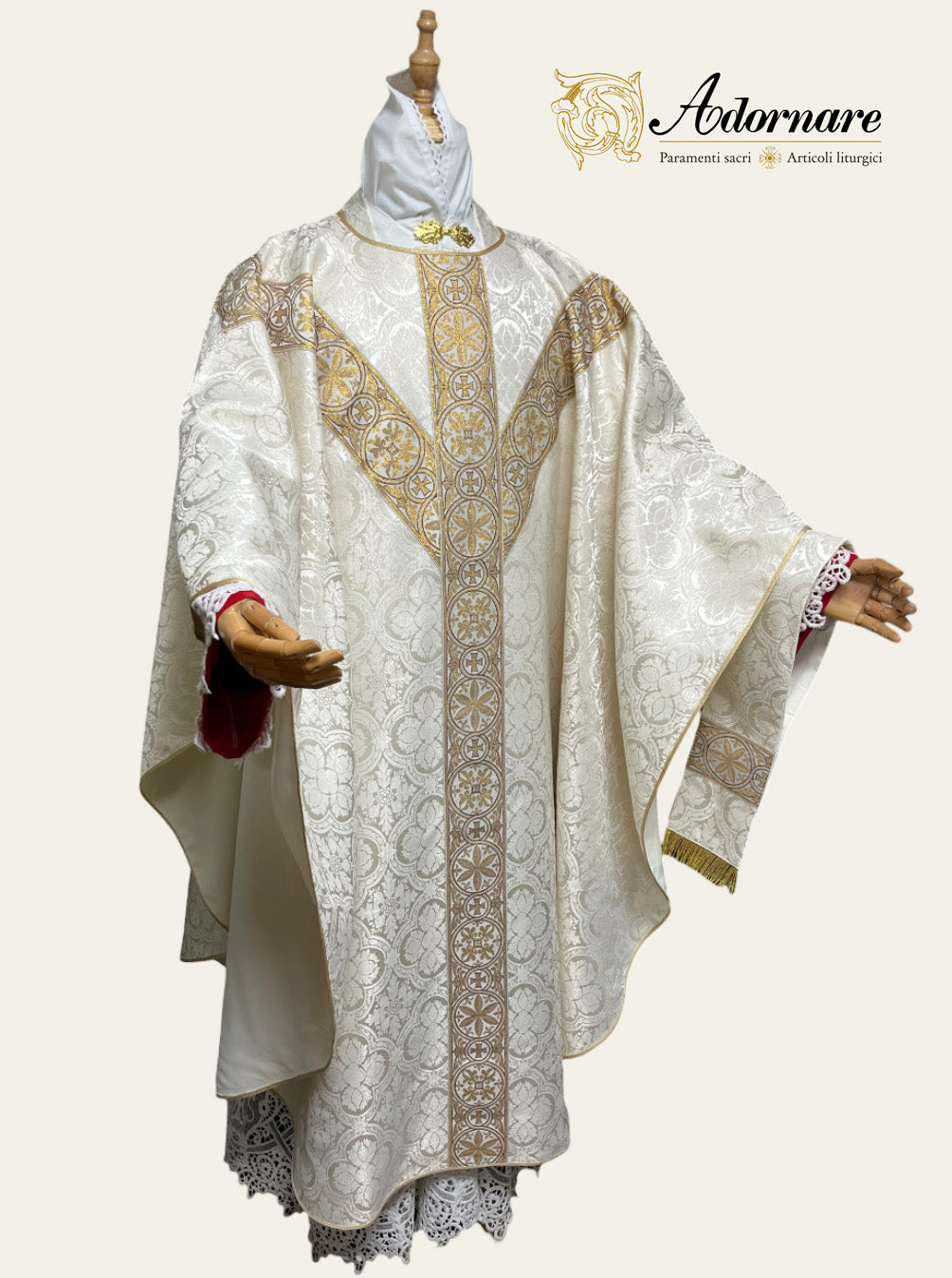 Polyester cross damask gothic chasuble with woven Y-orphrey bands / Casula gotica damasco poliestere