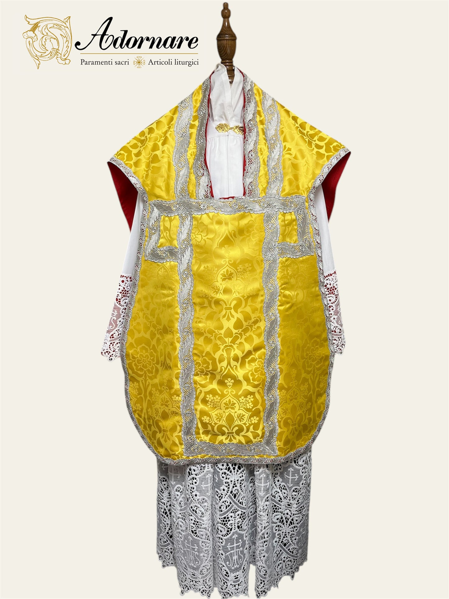 Damask Roman Chasuble with silver filigree wavy gallons - Low Mass Set / Pianete Romane Damasco