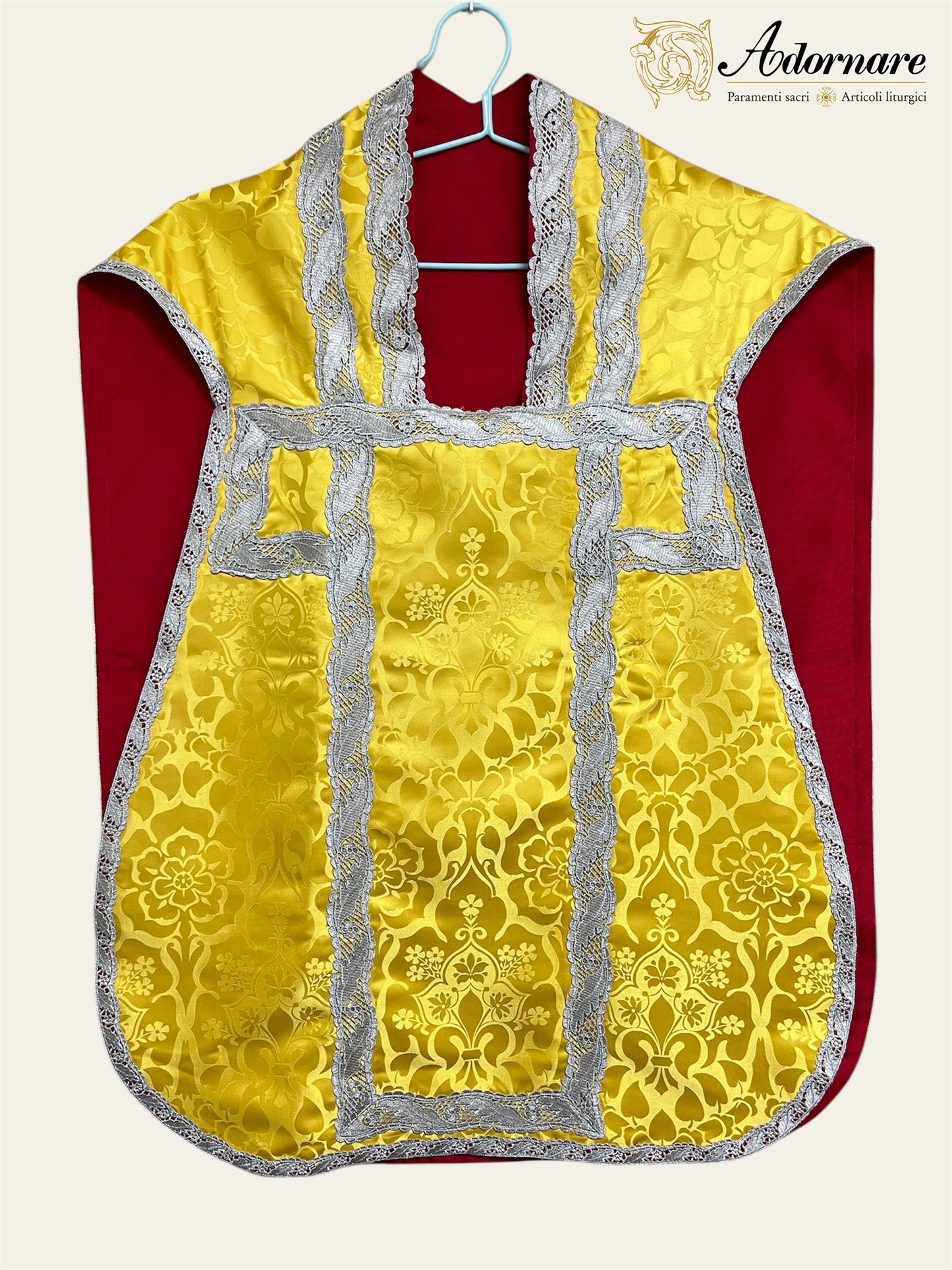 Damask Roman Chasuble with silver filigree wavy gallons - Low Mass Set / Pianete Romane Damasco