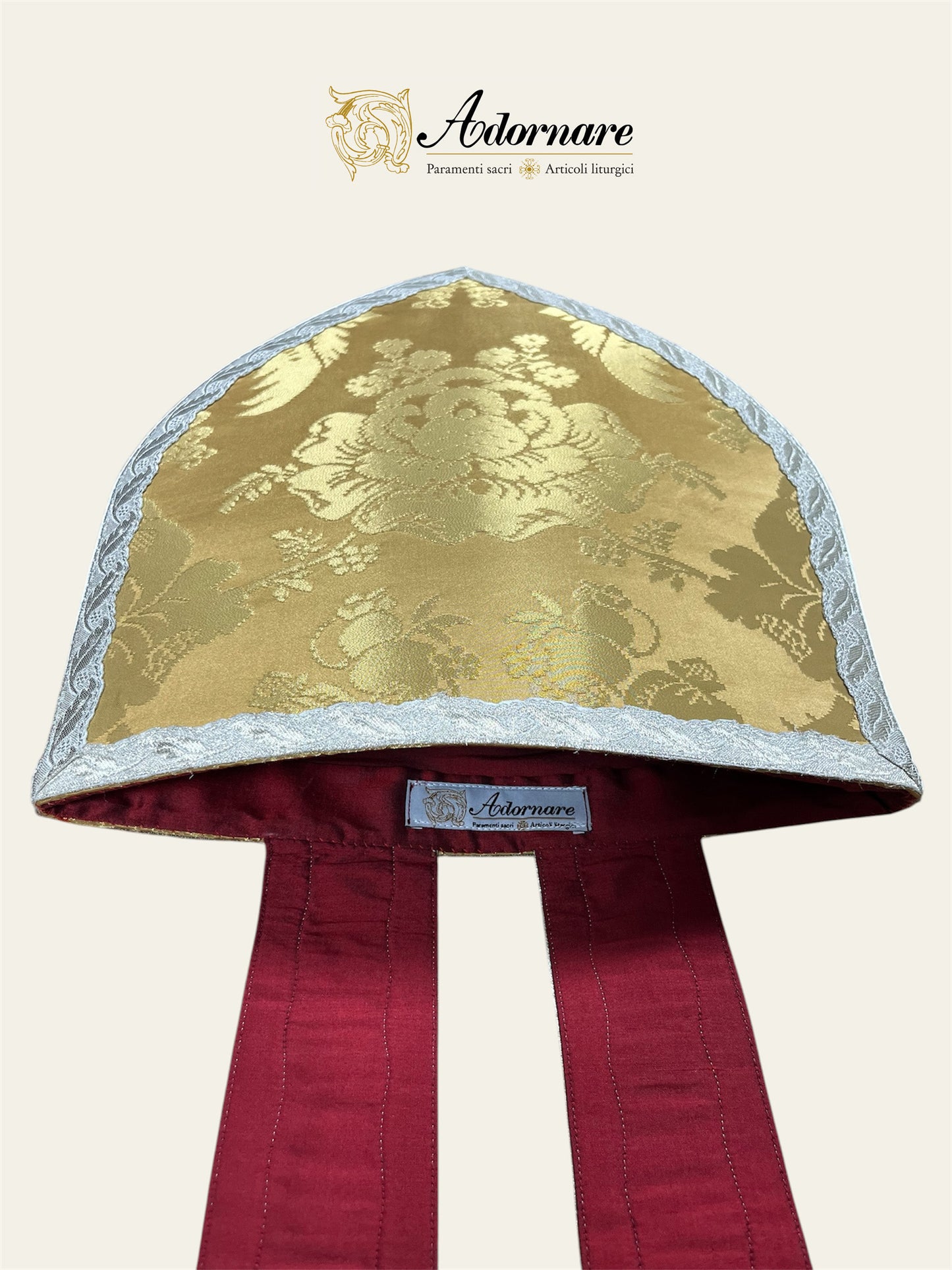 Traditional Mitre in gold silk damask