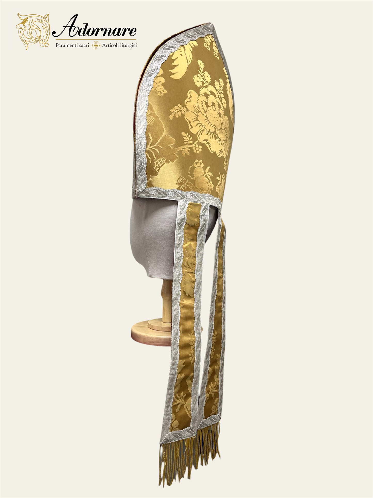 Traditional Mitre in gold silk damask