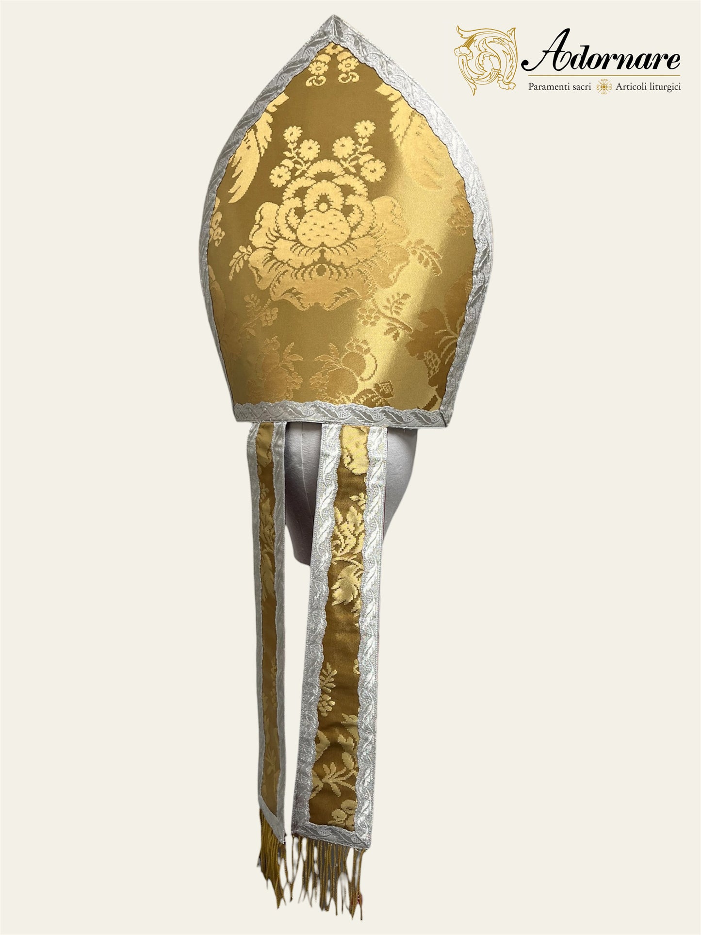 Traditional Mitre in gold silk damask