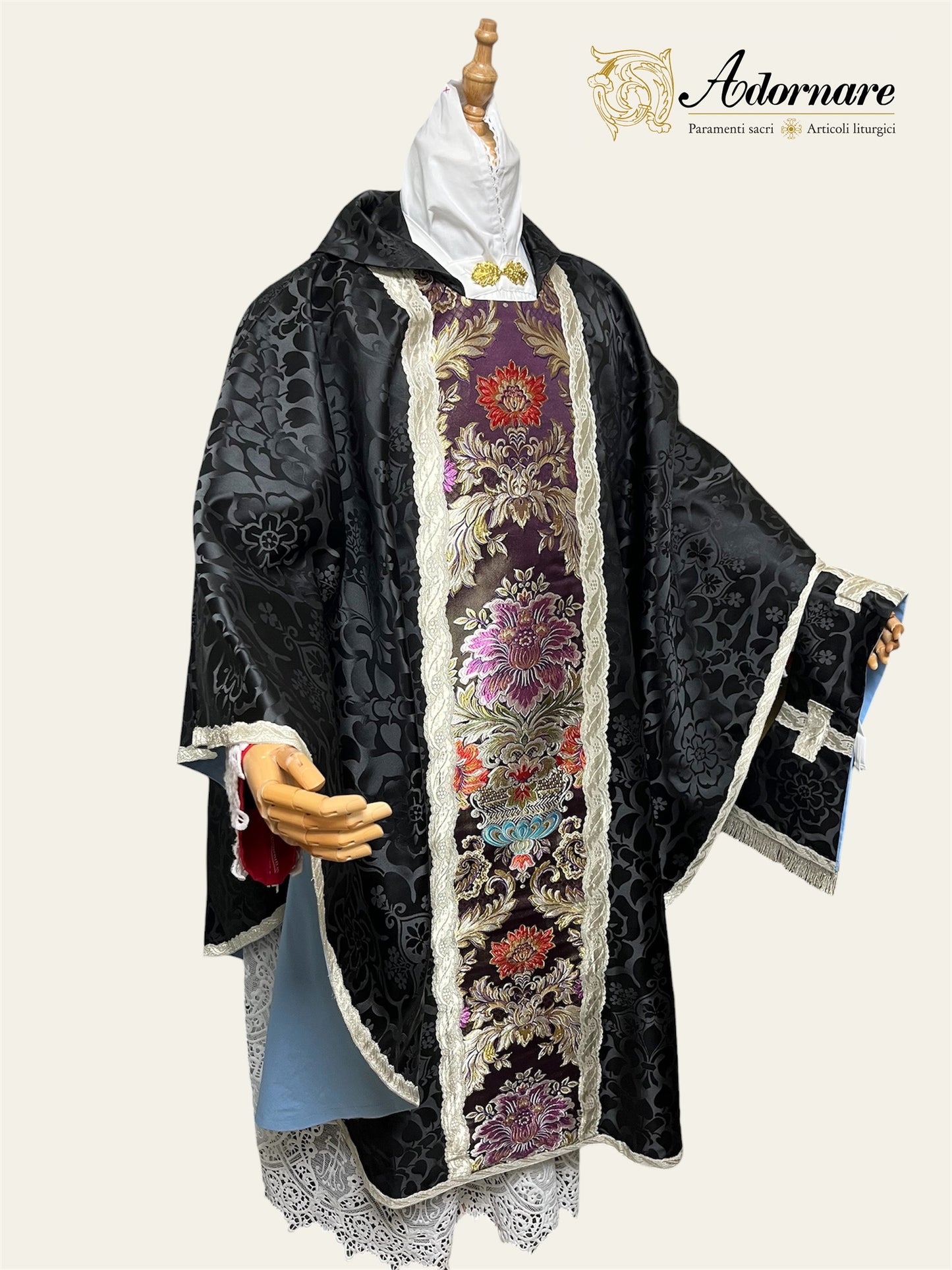Roman-style Damask Gothic Chasuble with floral brocade panel - Low Mass Set / Casula gotica Damasco con inserti in broccato