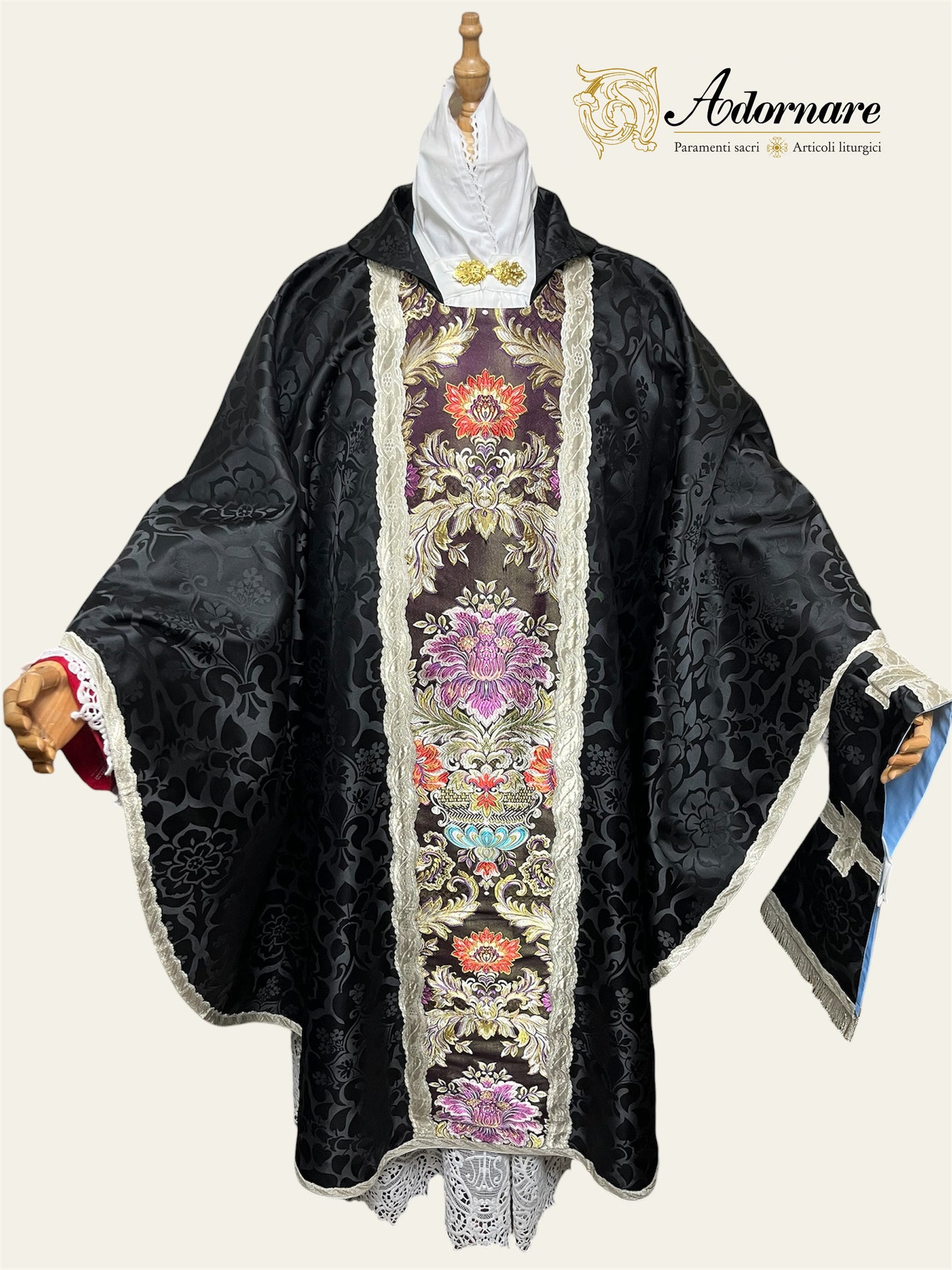 Roman-style Damask Gothic Chasuble with floral brocade panel - Low Mass Set / Casula gotica Damasco con inserti in broccato