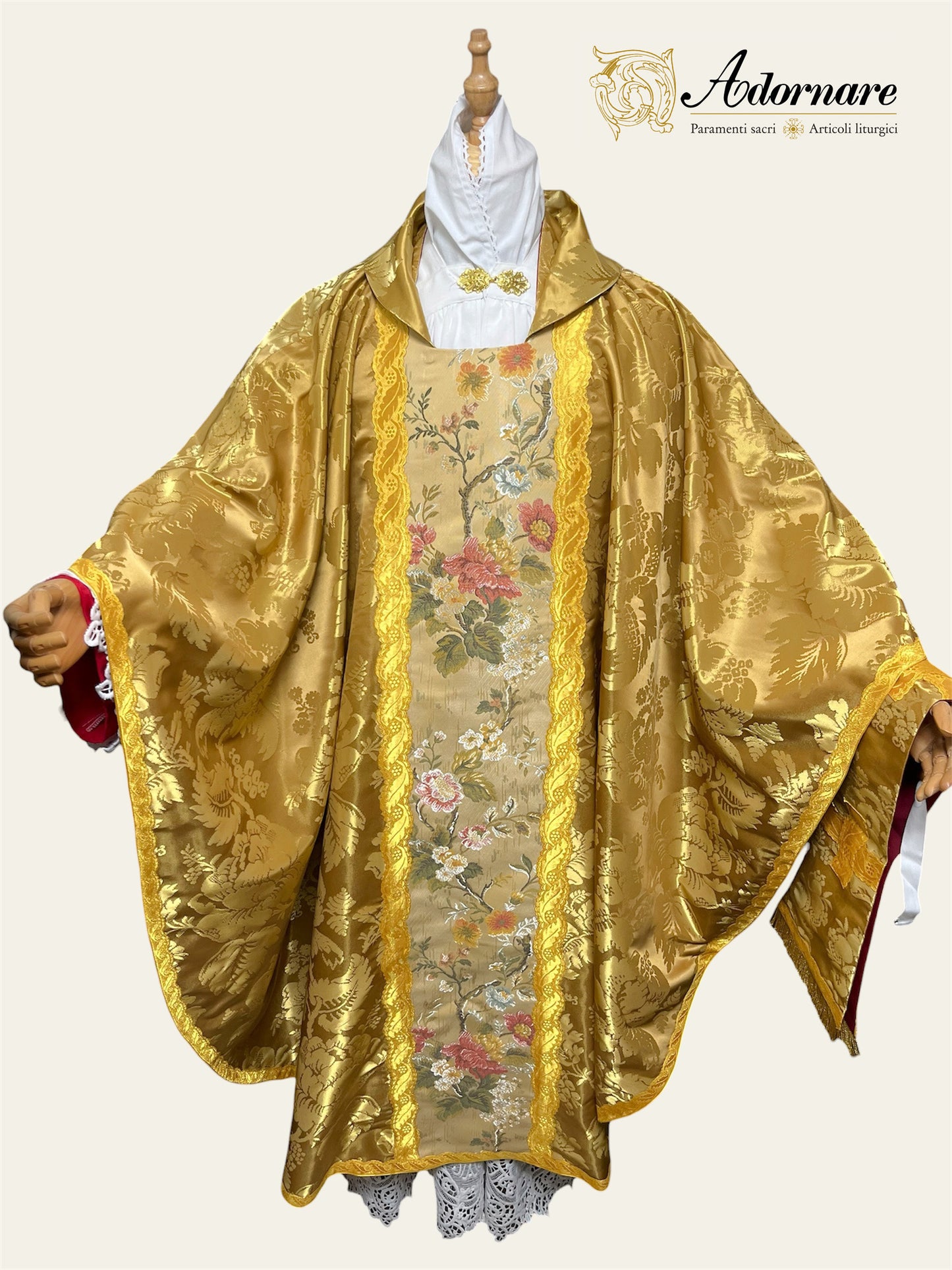 Roman-style Damask Gothic Chasuble with floral brocade panel - Low Mass Set / Casula gotica Damasco con inserti in broccato