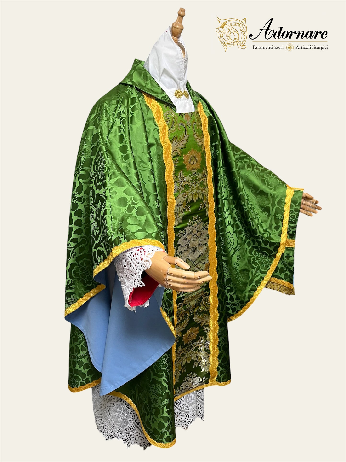 Roman-style Damask Gothic Chasuble with floral brocade panel - Low Mass Set / Casula gotica Damasco con inserti in broccato