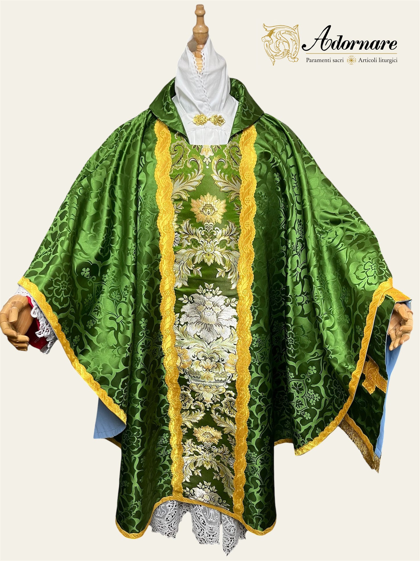 Roman-style Damask Gothic Chasuble with floral brocade panel - Low Mass Set / Casula gotica Damasco con inserti in broccato