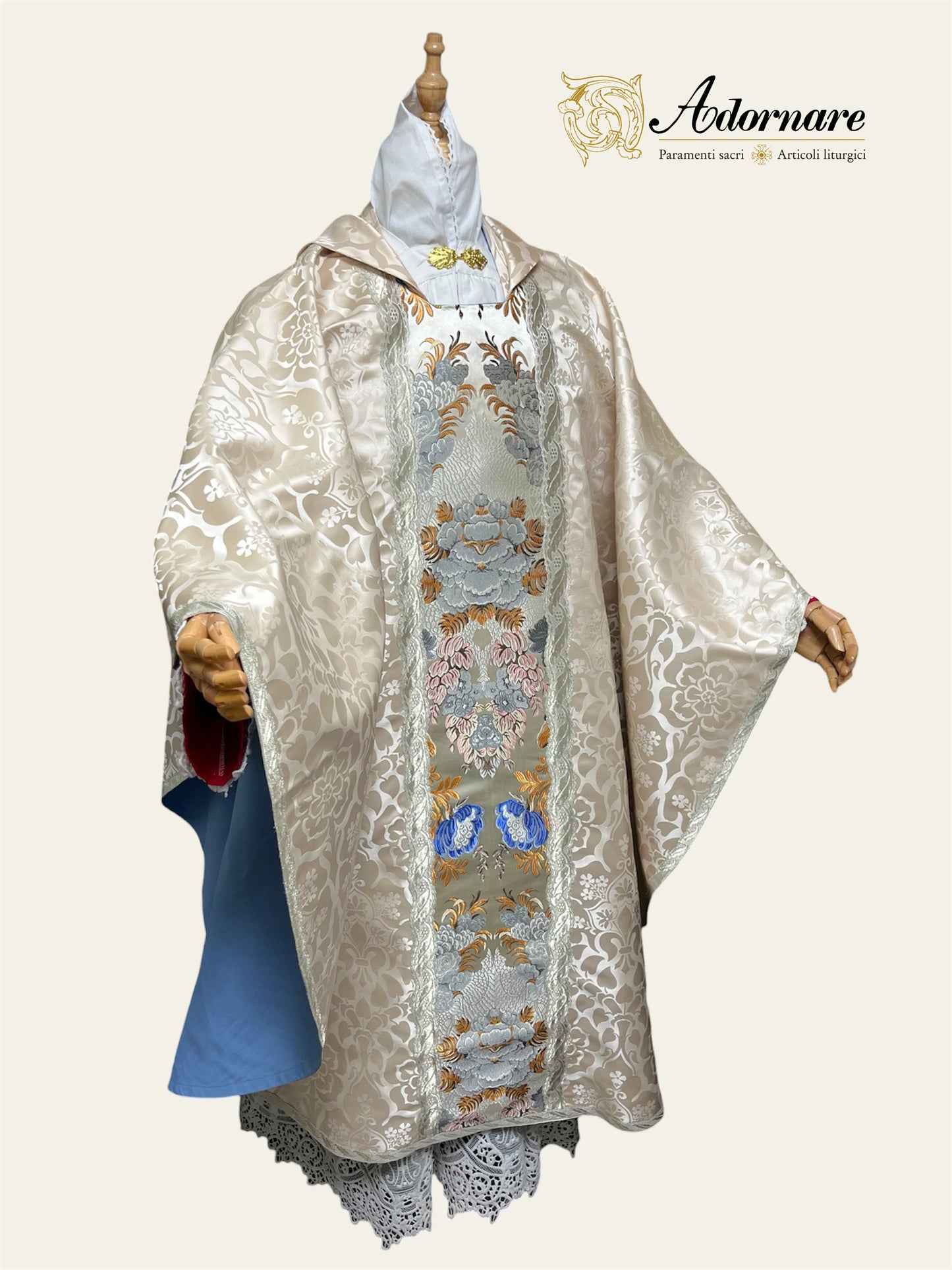 Roman-style Damask Gothic Chasuble with floral brocade panel - Low Mass Set / Casula gotica Damasco con inserti in broccato