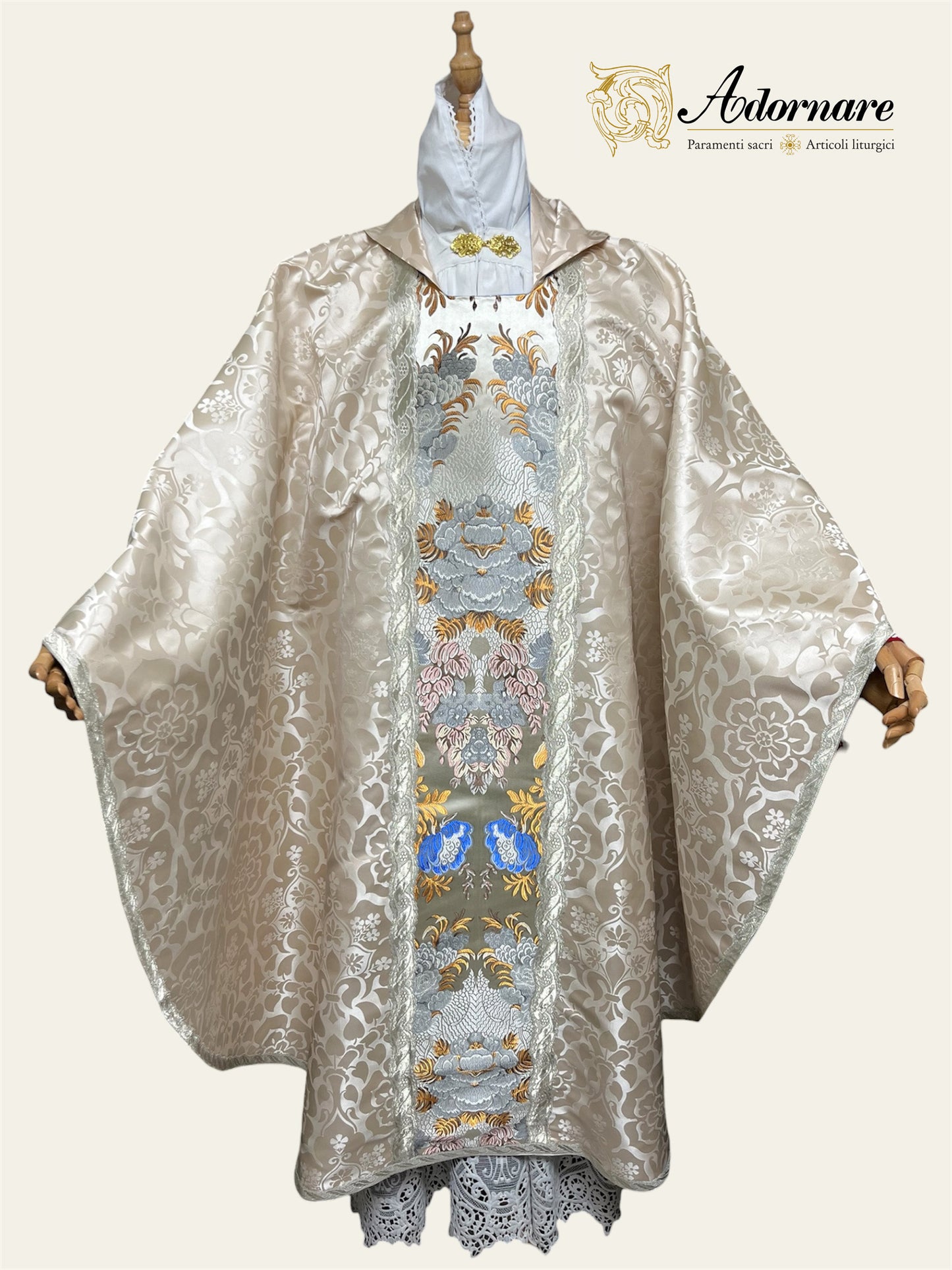 Roman-style Damask Gothic Chasuble with floral brocade panel - Low Mass Set / Casula gotica Damasco con inserti in broccato