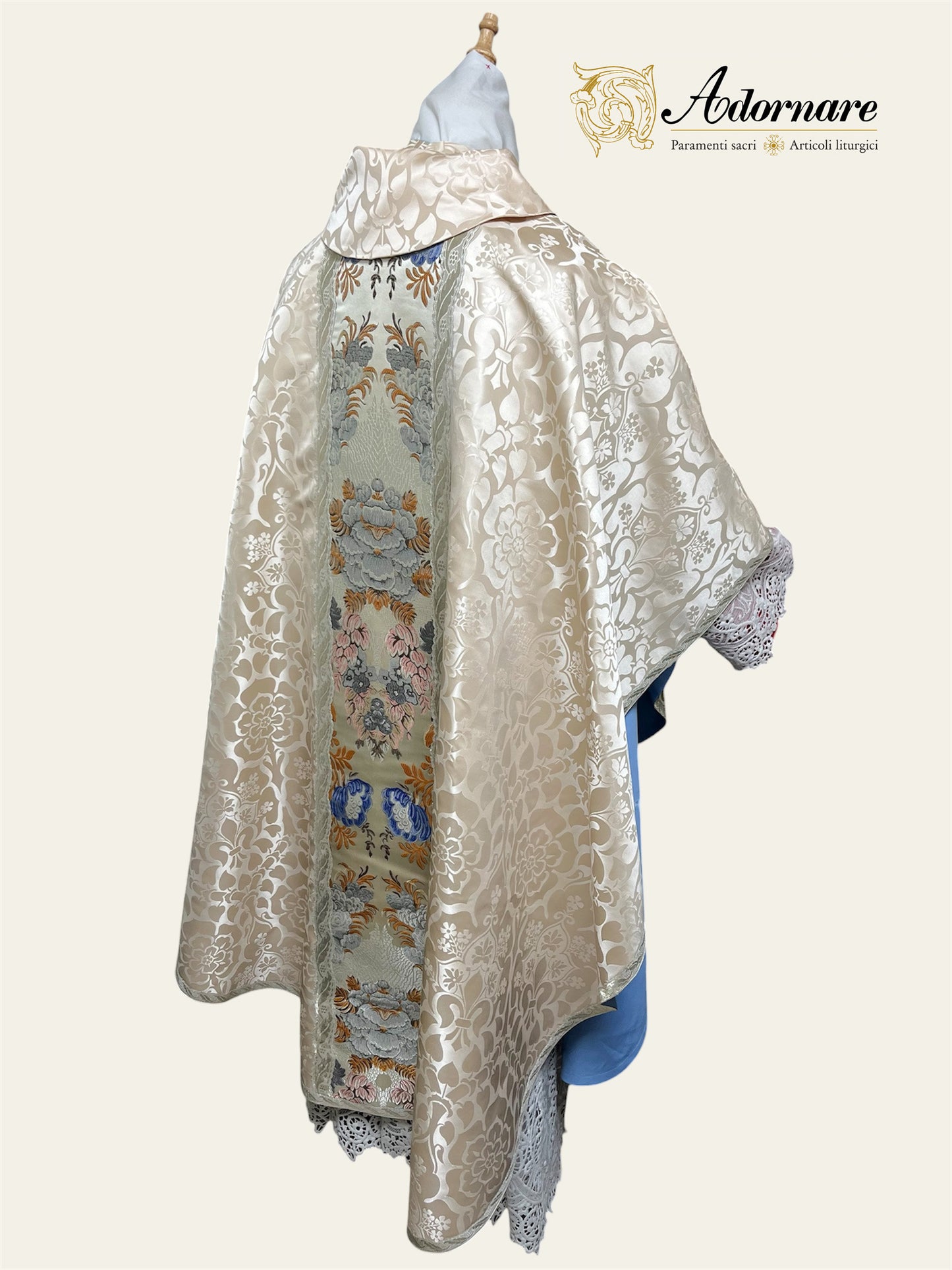 Roman-style Damask Gothic Chasuble with floral brocade panel - Low Mass Set / Casula gotica Damasco con inserti in broccato
