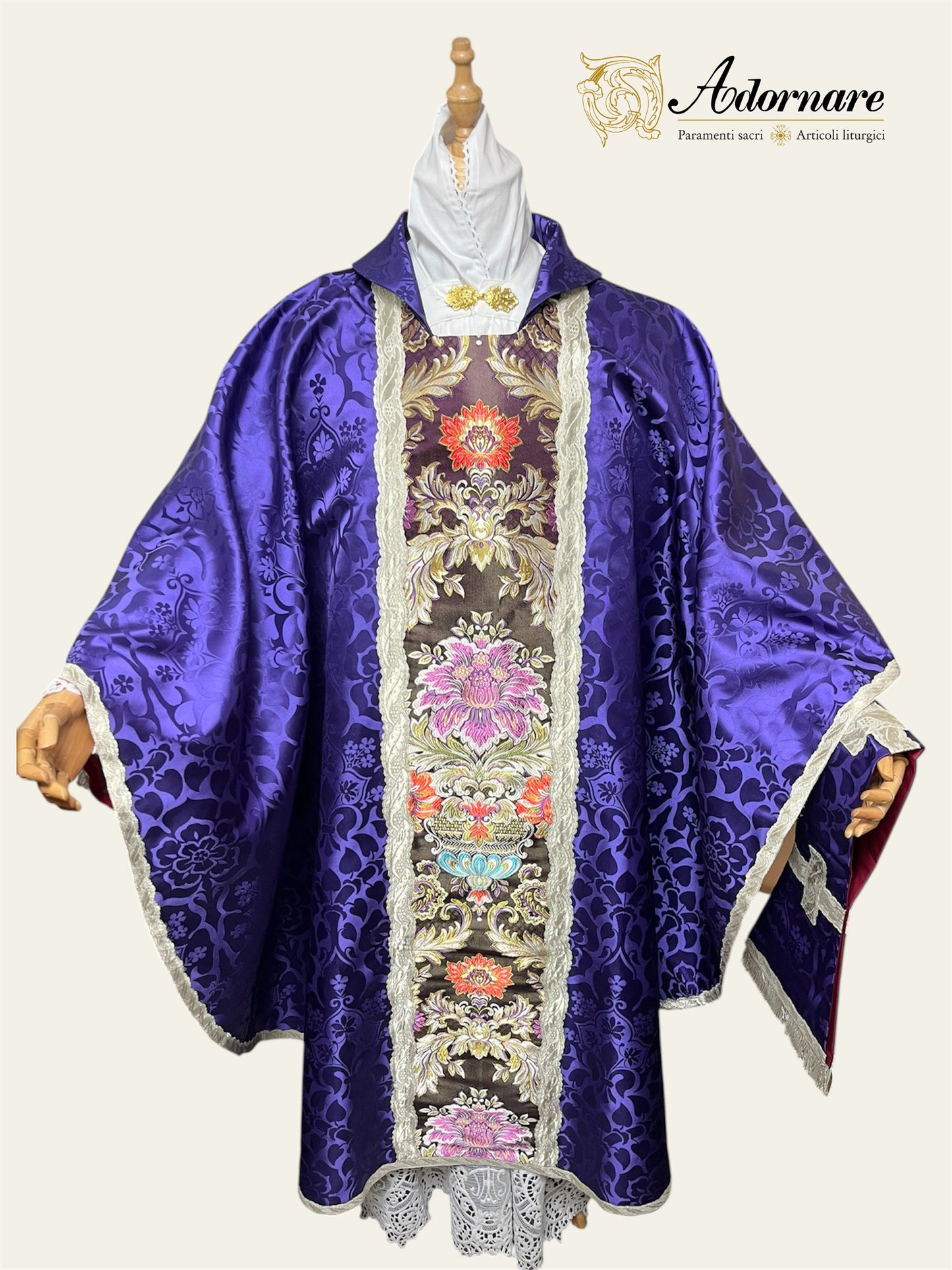 Roman-style Damask Gothic Chasuble with floral brocade panel - Low Mass Set / Casula gotica Damasco con inserti in broccato