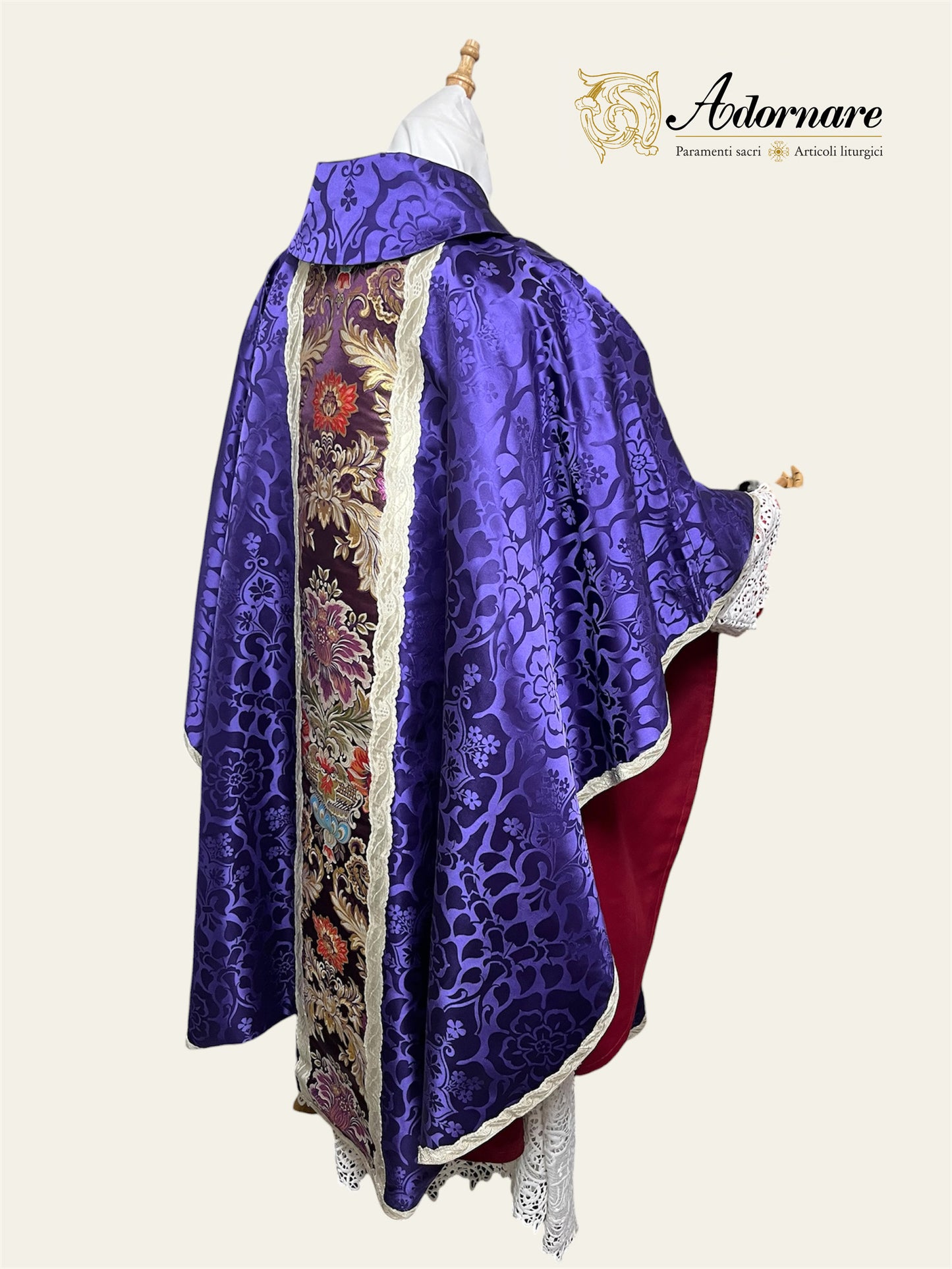 Roman-style Damask Gothic Chasuble with floral brocade panel - Low Mass Set / Casula gotica Damasco con inserti in broccato