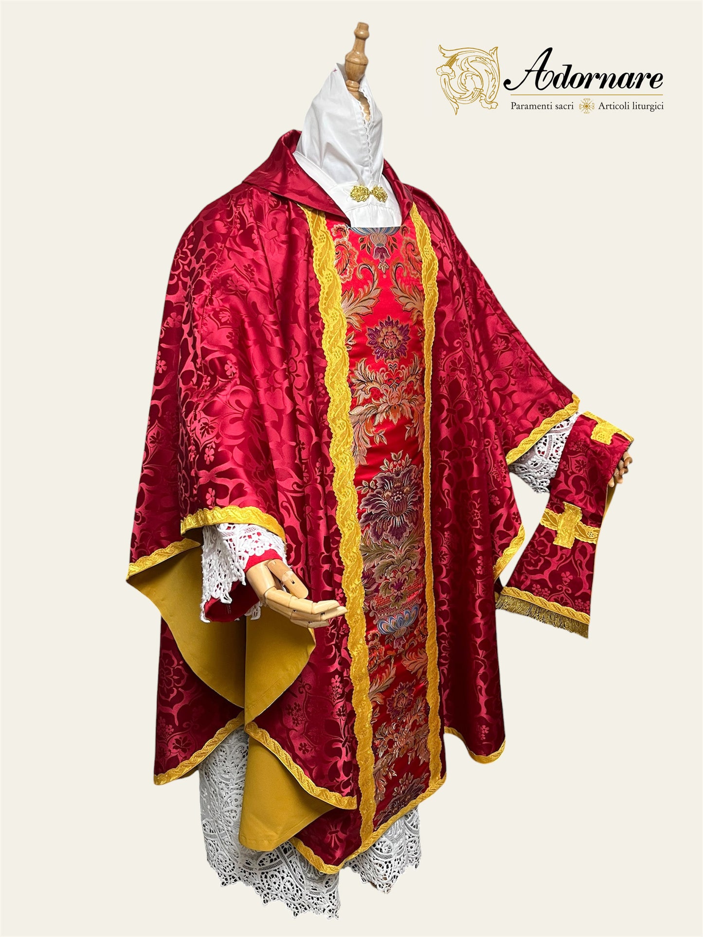 Roman-style Damask Gothic Chasuble with floral brocade panel - Low Mass Set / Casula gotica Damasco con inserti in broccato