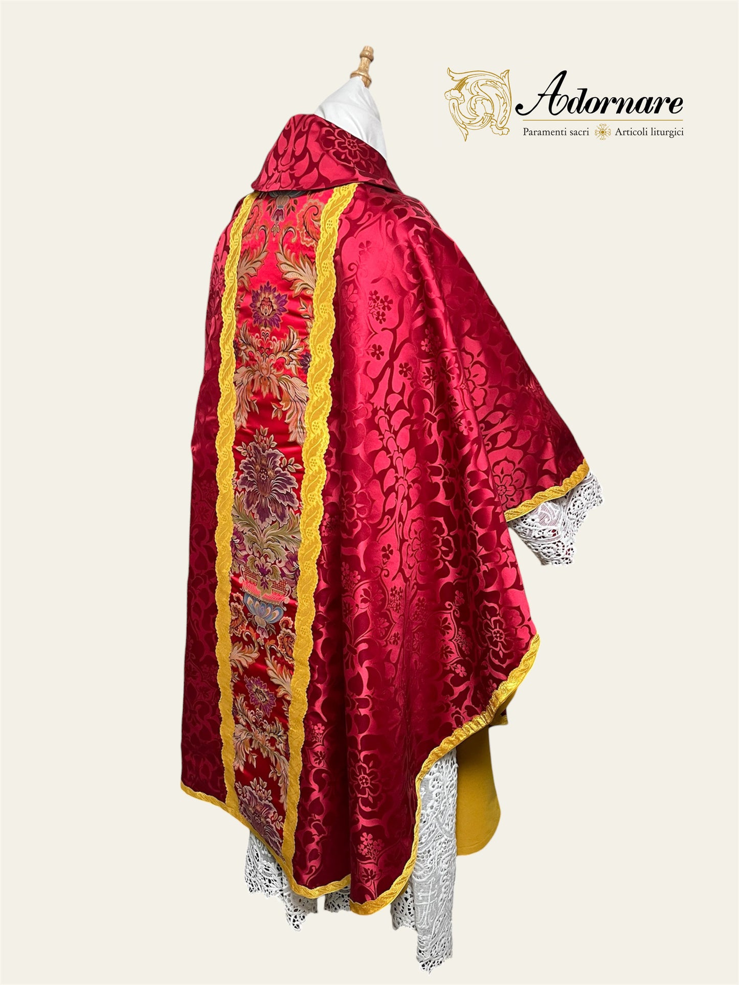 Roman-style Damask Gothic Chasuble with floral brocade panel - Low Mass Set / Casula gotica Damasco con inserti in broccato