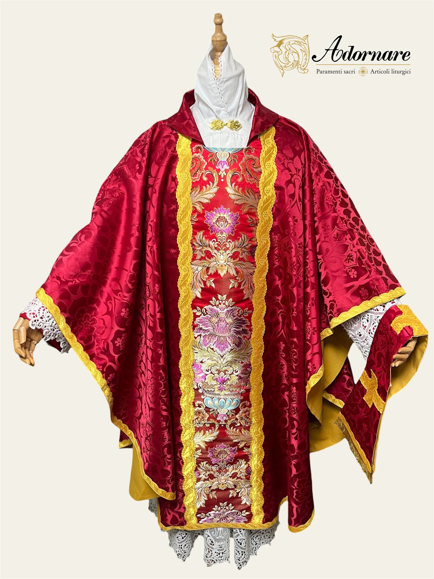 Roman-style Damask Gothic Chasuble with floral brocade panel - Low Mass Set / Casula gotica Damasco con inserti in broccato