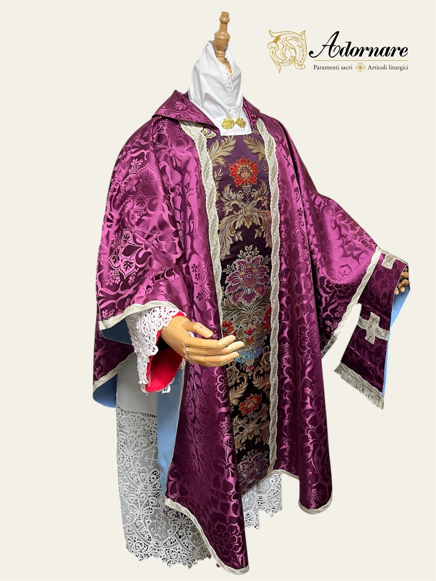 Roman-style Damask Gothic Chasuble with floral brocade panel - Low Mass Set / Casula gotica Damasco con inserti in broccato