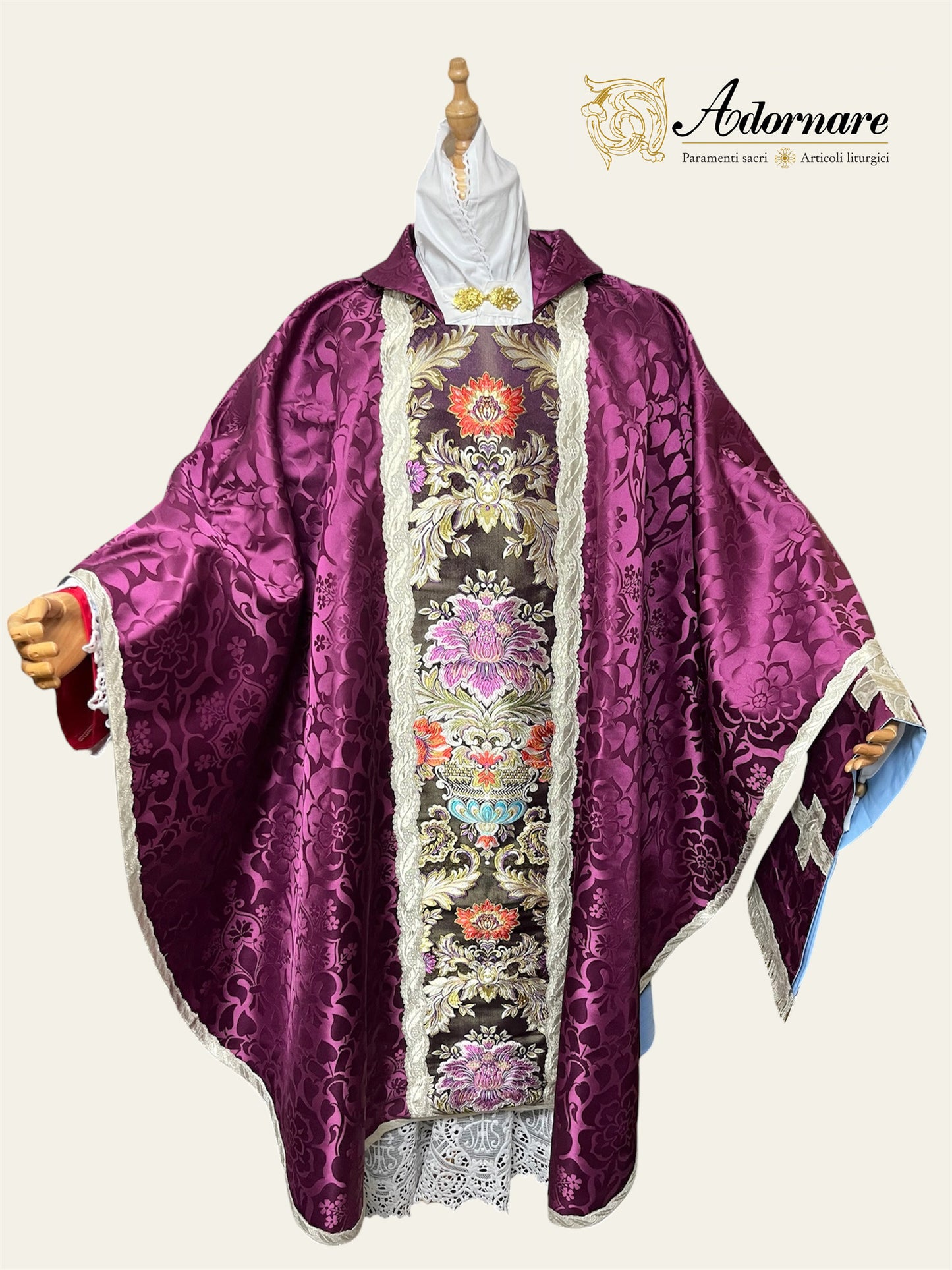 Roman-style Damask Gothic Chasuble with floral brocade panel - Low Mass Set / Casula gotica Damasco con inserti in broccato