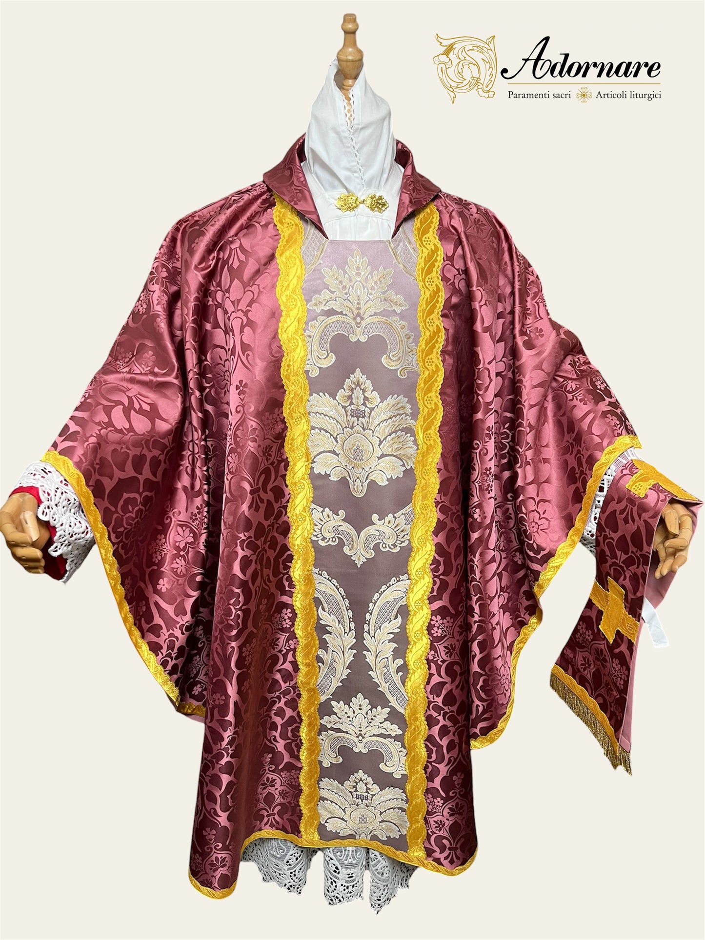 Roman-style Damask Gothic Chasuble with floral brocade panel - Low Mass Set / Casula gotica Damasco con inserti in broccato