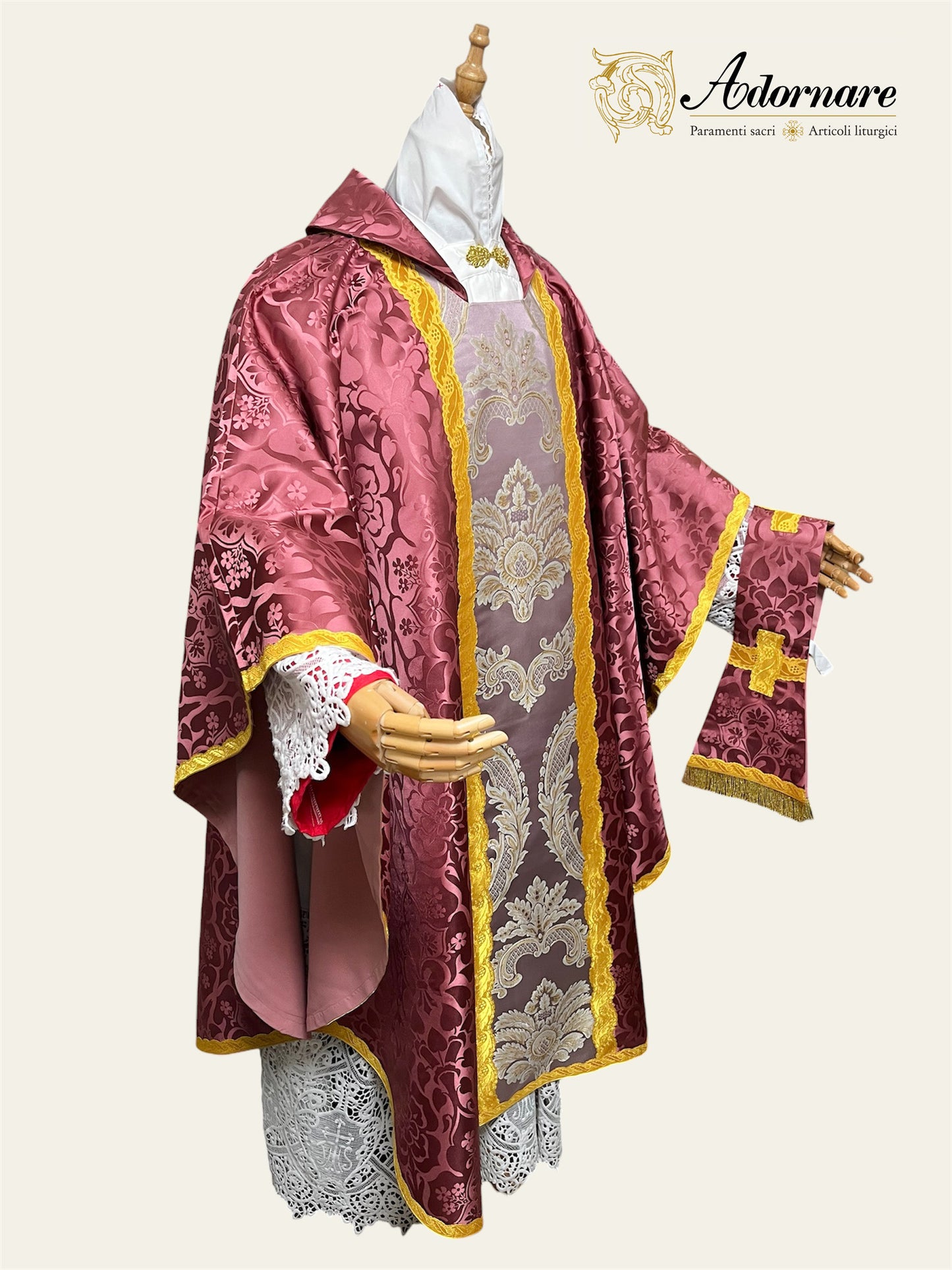 Roman-style Damask Gothic Chasuble with floral brocade panel - Low Mass Set / Casula gotica Damasco con inserti in broccato