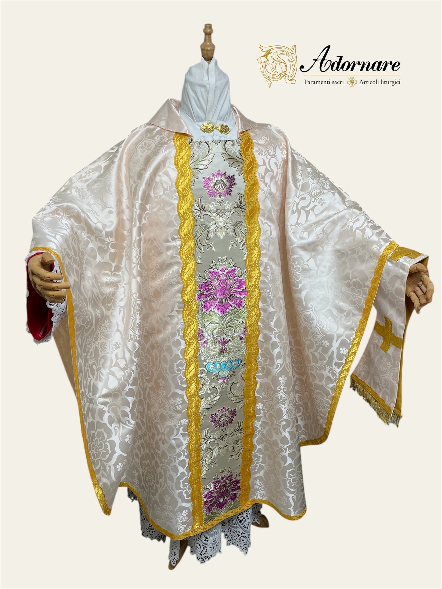 Roman-style Damask Gothic Chasuble with floral brocade panel - Low Mass Set / Casula gotica Damasco con inserti in broccato
