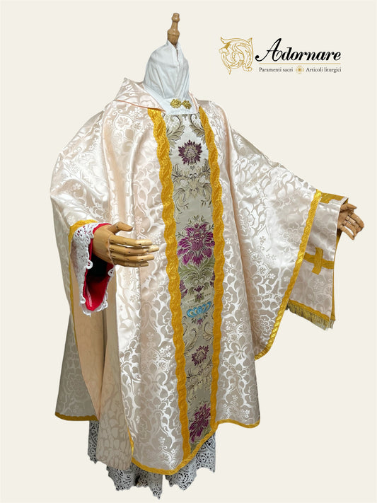 Roman-style Damask Gothic Chasuble with floral brocade panel - Low Mass Set / Casula gotica Damasco con inserti in broccato