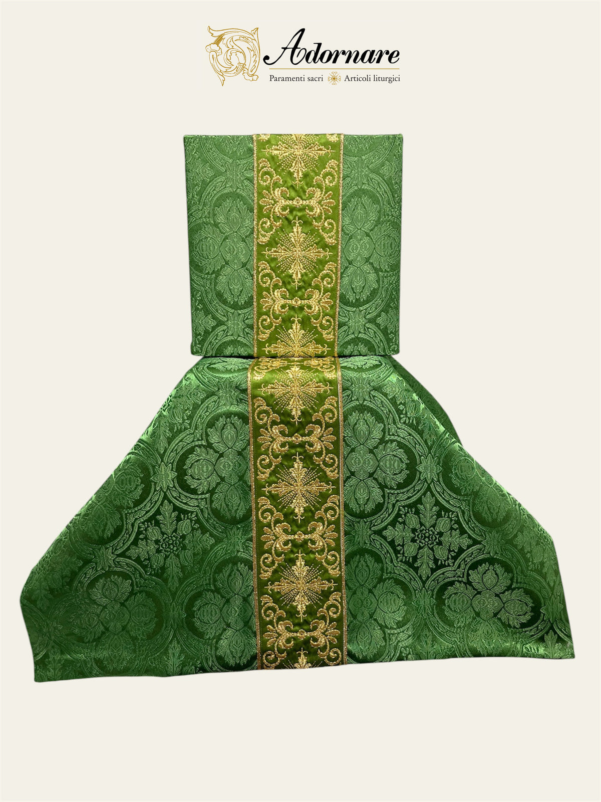 Polyester cross damask gothic chasuble with embroidered ornate cross Y-orphrey bands / Casula gotica damasco poliestere ricamato a macchina