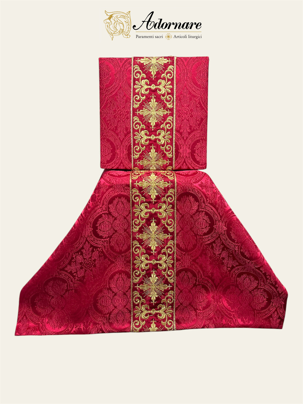 Polyester cross damask gothic chasuble with embroidered ornate cross Y-orphrey bands / Casula gotica damasco poliestere ricamato a macchina
