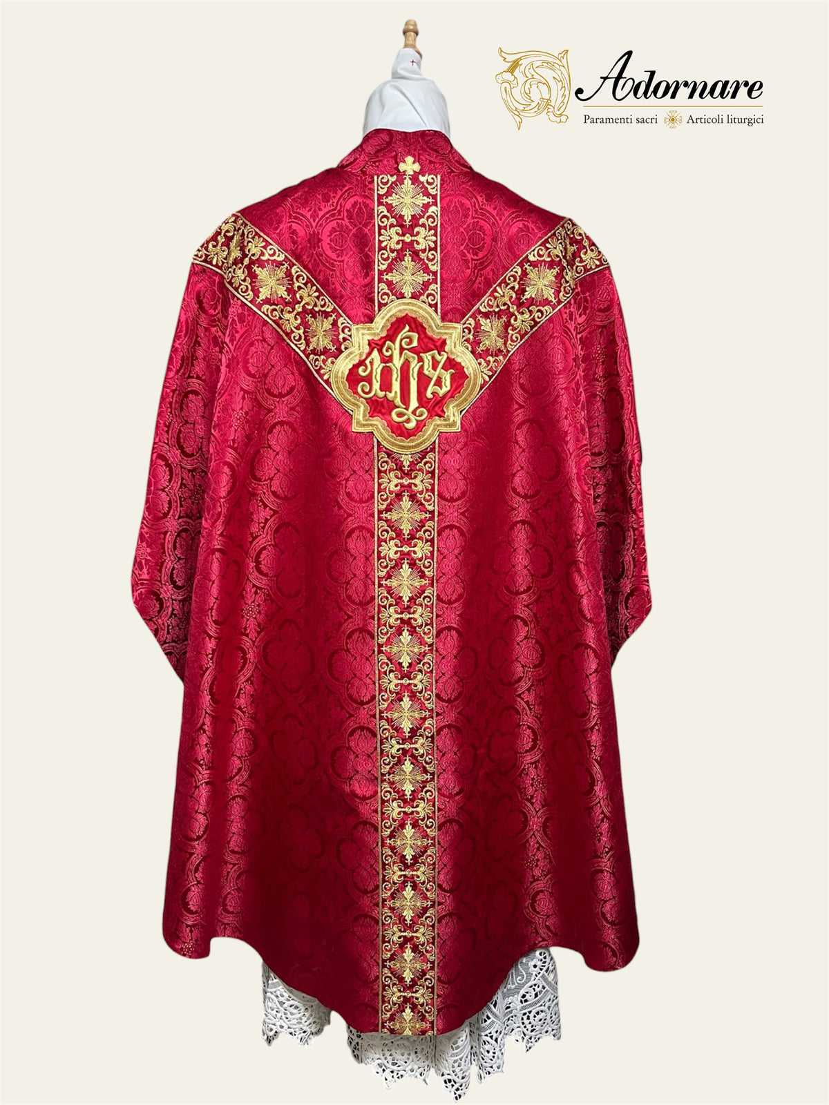 Polyester cross damask gothic chasuble with embroidered ornate cross Y-orphrey bands / Casula gotica damasco poliestere ricamato a macchina