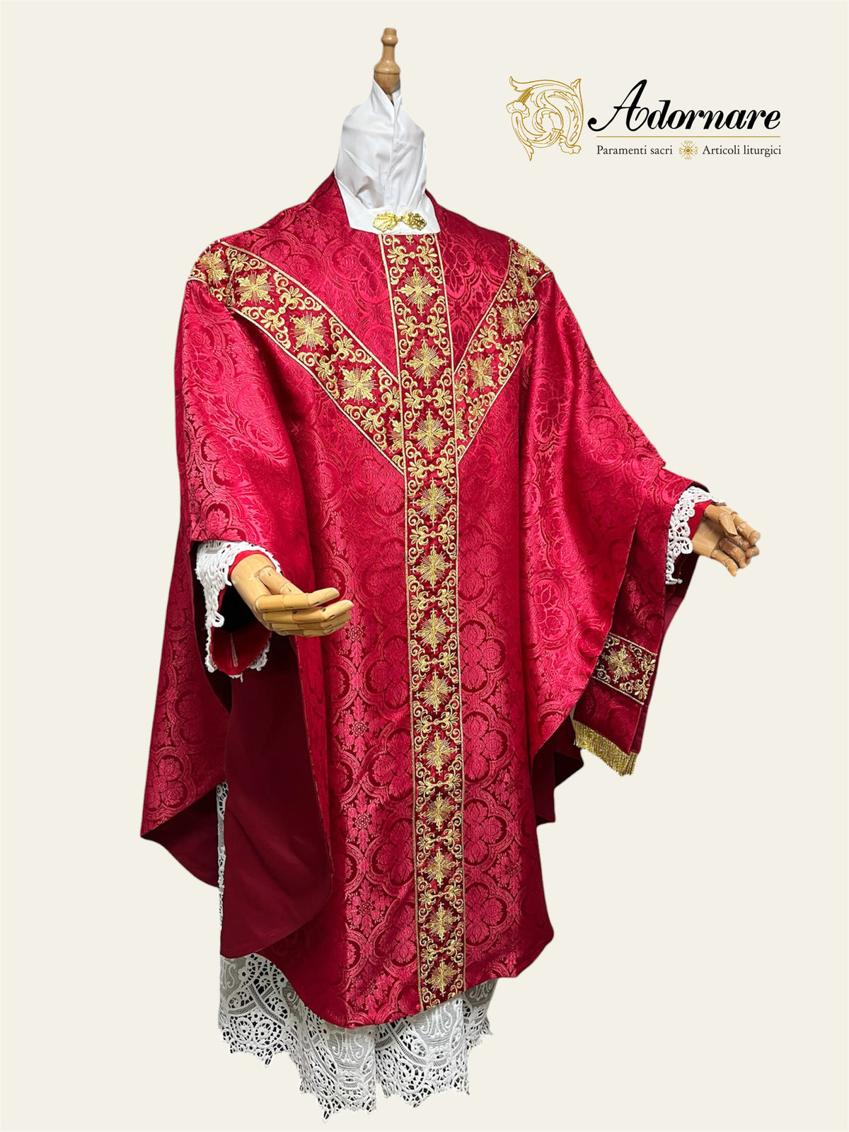 Polyester cross damask gothic chasuble with embroidered ornate cross Y-orphrey bands / Casula gotica damasco poliestere ricamato a macchina