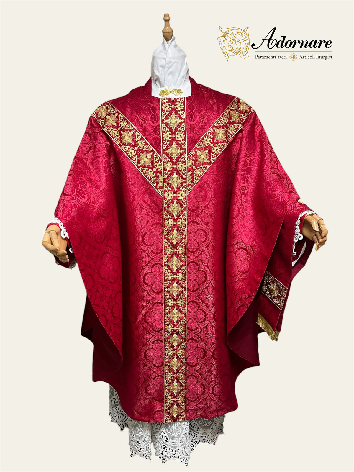 Polyester cross damask gothic chasuble with embroidered ornate cross Y-orphrey bands / Casula gotica damasco poliestere ricamato a macchina