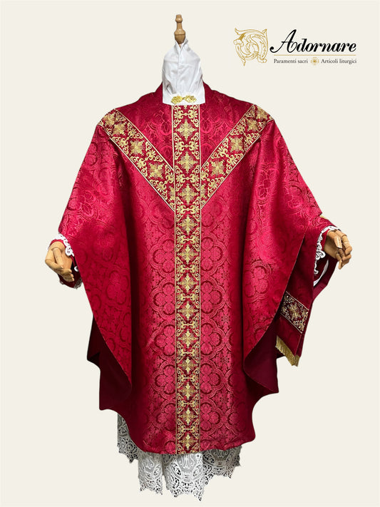 Polyester cross damask gothic chasuble with embroidered ornate cross Y-orphrey bands / Casula gotica damasco poliestere ricamato a macchina
