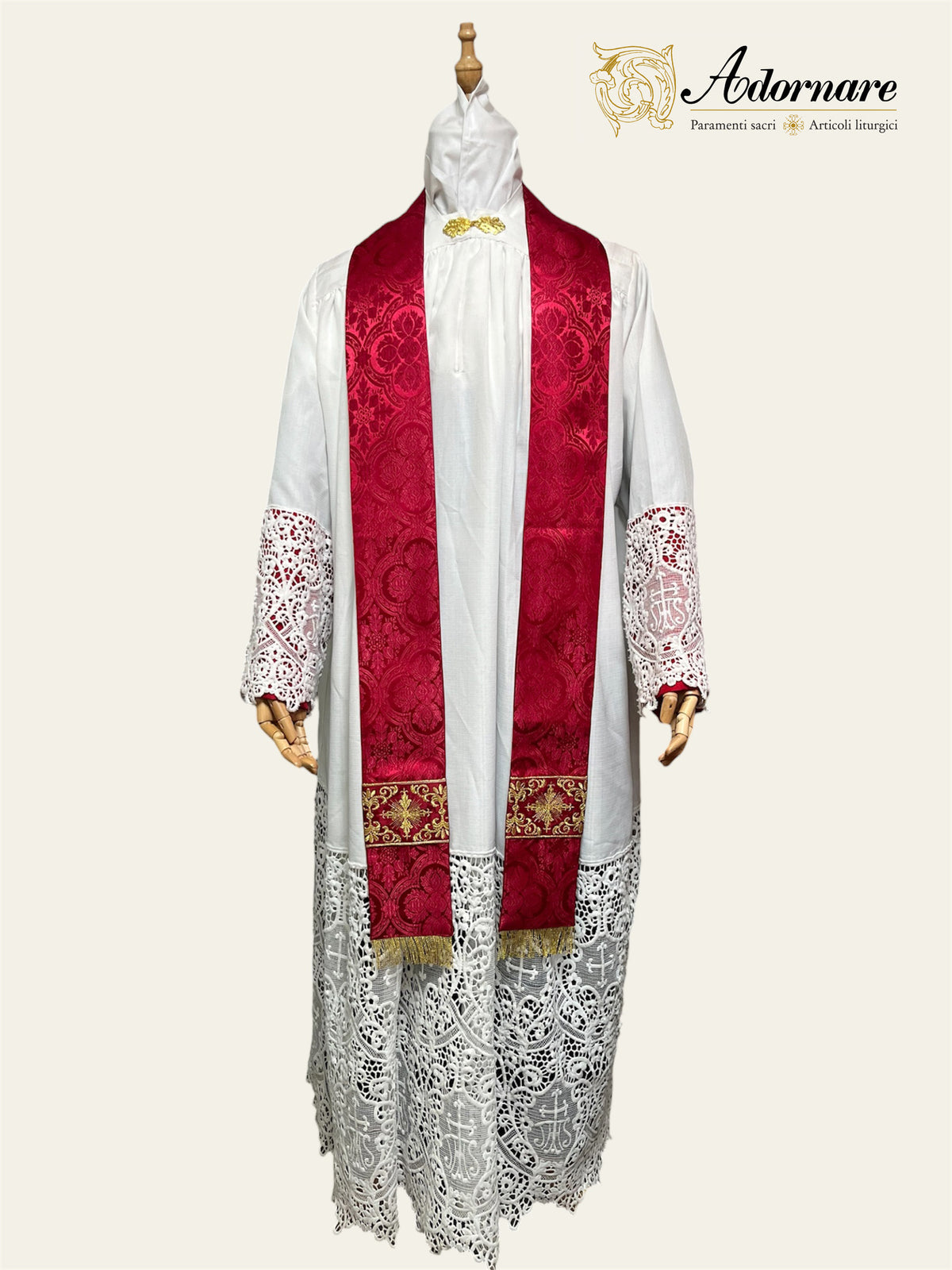 Polyester cross damask gothic chasuble with embroidered ornate cross Y-orphrey bands / Casula gotica damasco poliestere ricamato a macchina