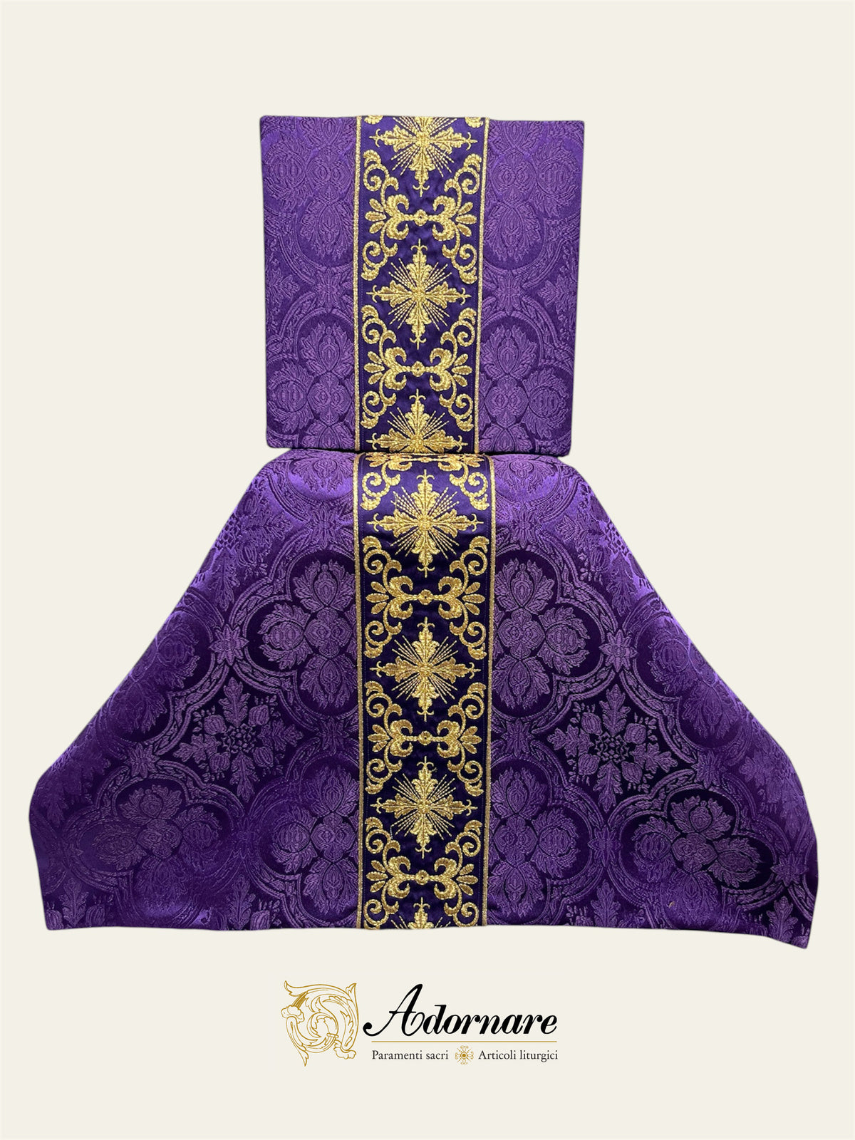 Polyester cross damask gothic chasuble with embroidered ornate cross Y-orphrey bands / Casula gotica damasco poliestere ricamato a macchina