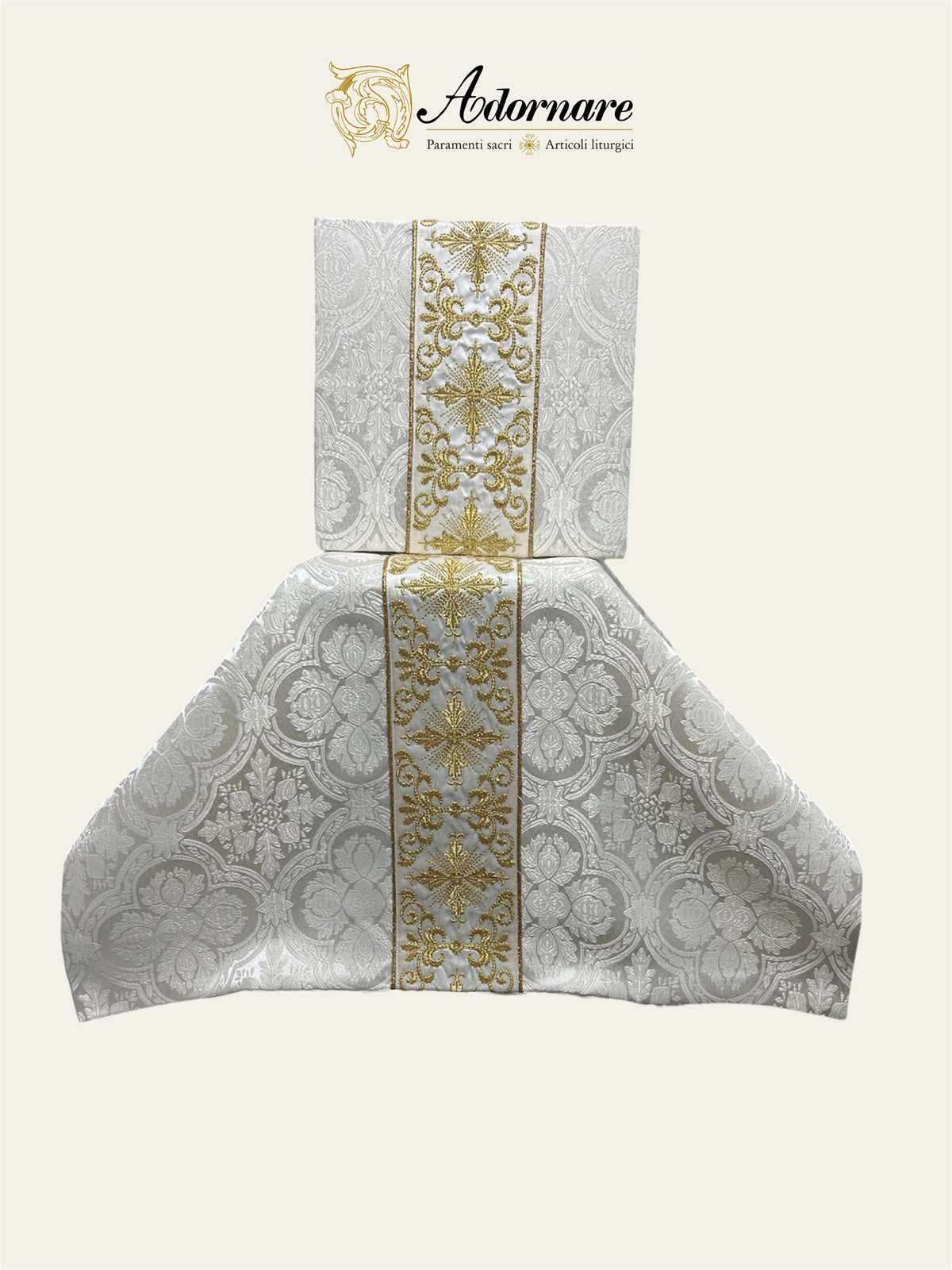 Polyester cross damask gothic chasuble with embroidered ornate cross Y-orphrey bands / Casula gotica damasco poliestere ricamato a macchina