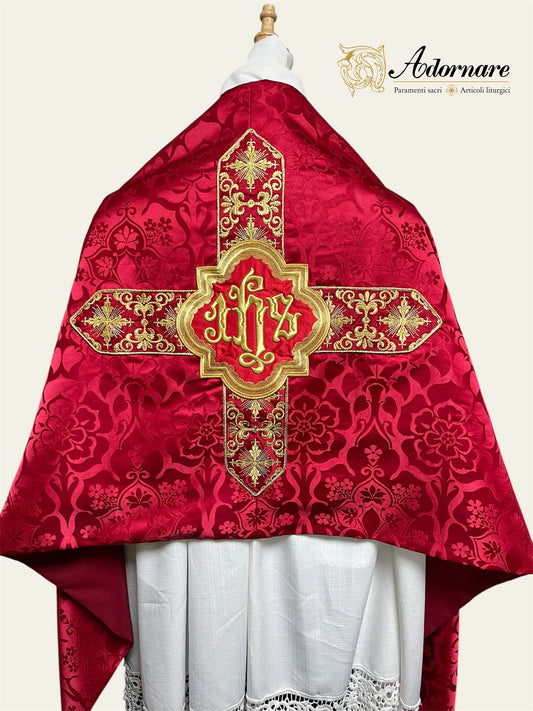 Semi-gothic Damask Humeral veil with embroidered orphrey bands and IHS embroidery / Velo Omerale semi-gotica damasco ricamato
