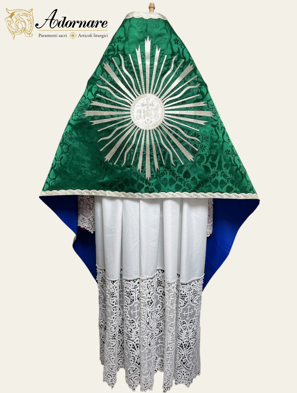 Roman-style Damask Humeral veil with sunburst IHS embroidery (Silver embroidery) / Velo Omerale Damasco ricamato con simbolo IHS (Ricamato in argento)
