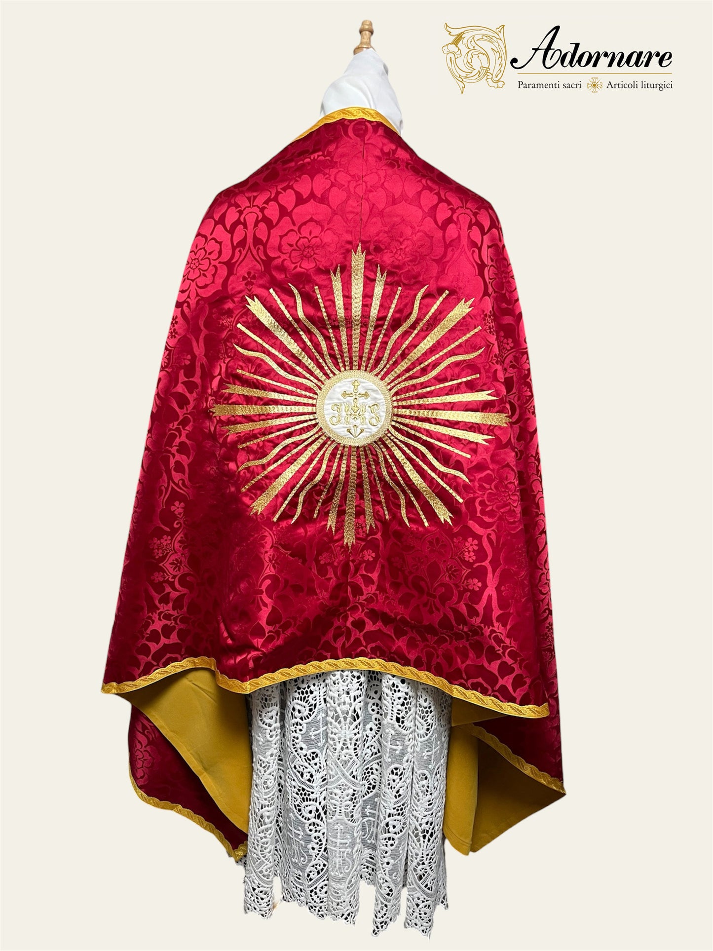 90 cm Traditional Roman Damask Humeral veil with sunburst IHS embroidery / Velo Omerale Damasco ricamato con simbolo IHS