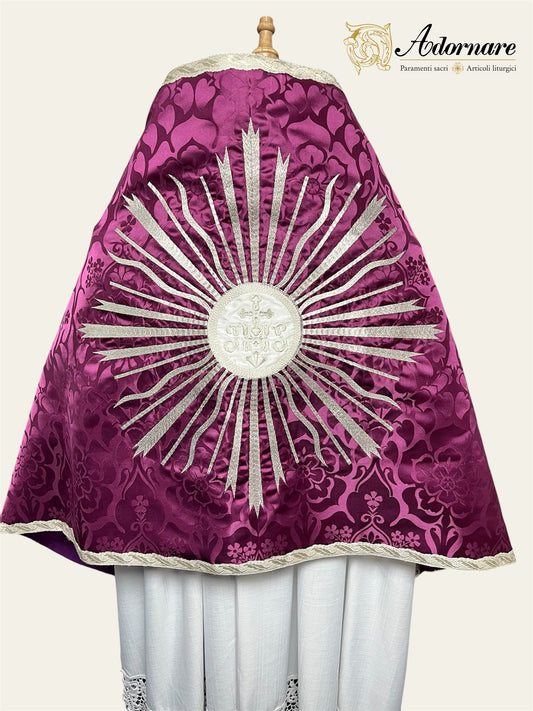 Roman-style Damask Humeral veil with sunburst IHS embroidery (Silver embroidery) / Velo Omerale Damasco ricamato con simbolo IHS (Ricamato in argento)