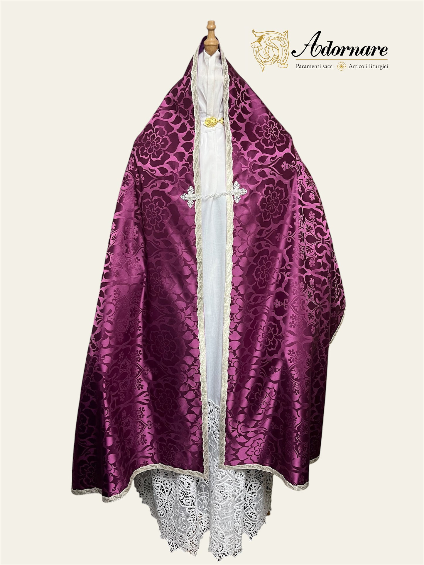 Roman-style Damask Humeral veil with sunburst IHS embroidery (Silver embroidery) / Velo Omerale Damasco ricamato con simbolo IHS (Ricamato in argento)