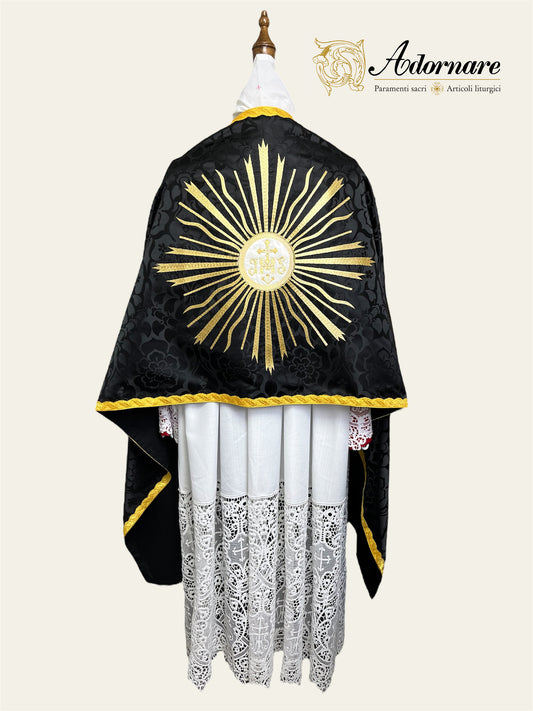 (For Dominican rite) Black roman-style Damask Humeral veil with sunburst IHS embroidery